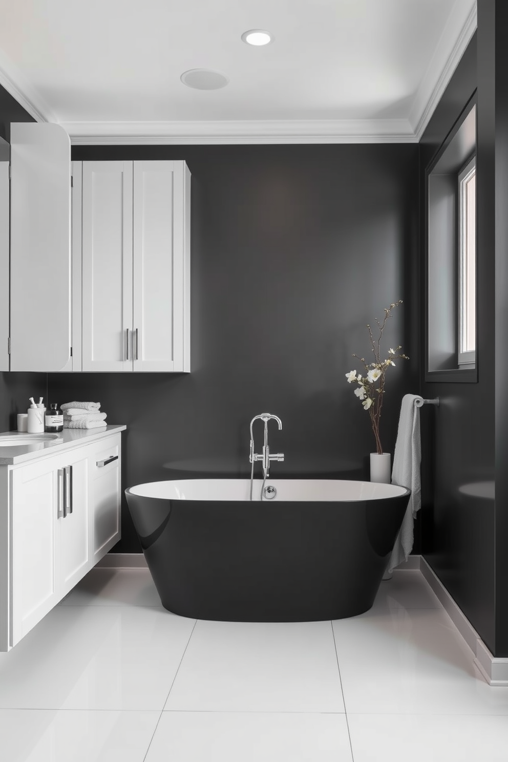 A sleek bathroom design featuring a monochrome color scheme that exudes sophistication. The walls are painted in a deep charcoal hue, complemented by white accents on the fixtures and cabinetry. A freestanding bathtub sits elegantly in the center, surrounded by minimalist decor. The floor is covered in large white tiles, creating a striking contrast with the dark walls.