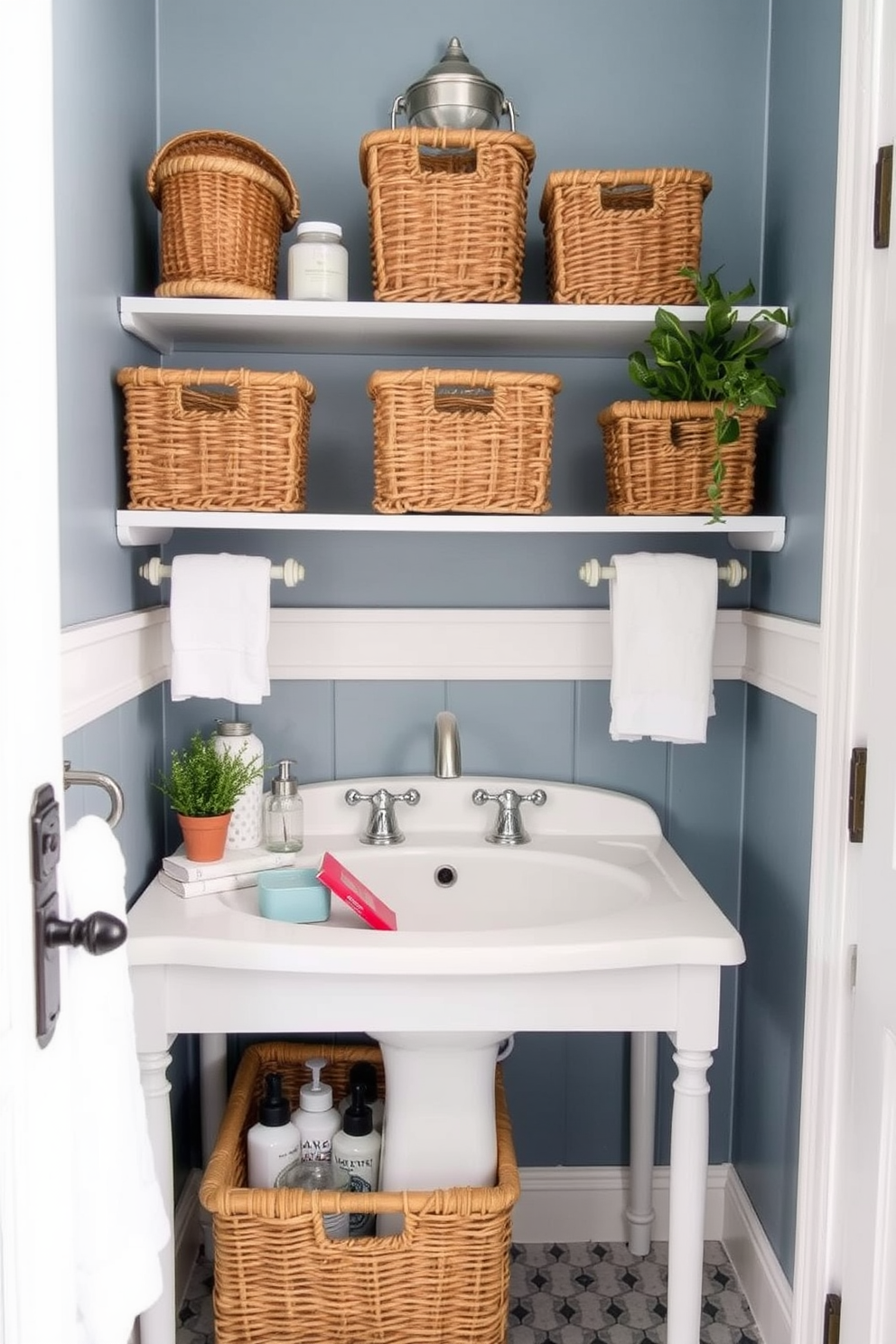 Create a charming Labor Day bathroom setting featuring vintage storage baskets. The baskets are woven with natural fibers and are placed strategically on shelves and under the sink for both style and functionality.