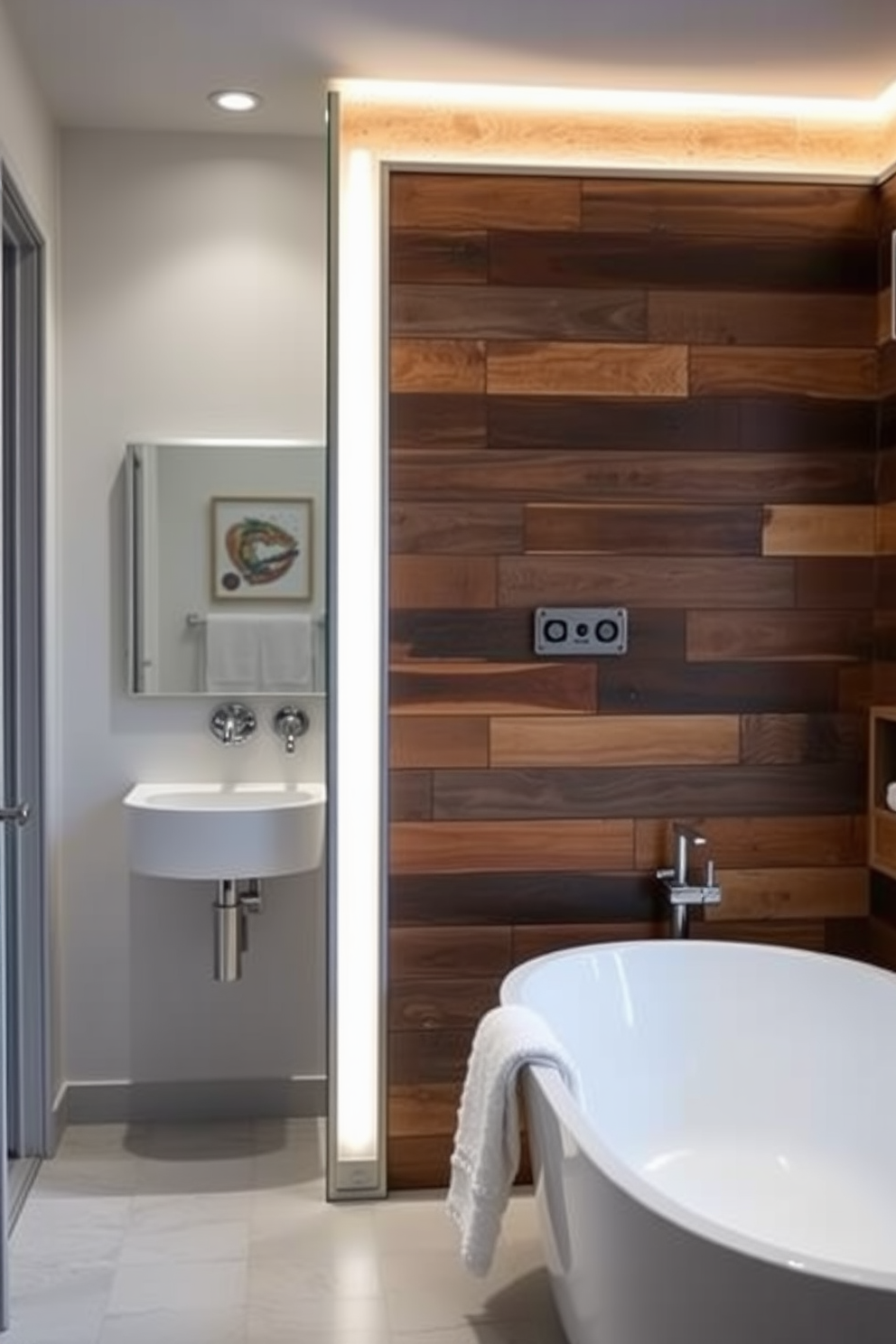 A stunning bathroom featuring an accent wall made of reclaimed wood that adds warmth and character to the space. The rest of the bathroom is elegantly designed with modern fixtures and soft lighting, creating a relaxing atmosphere for Labor Day celebrations.