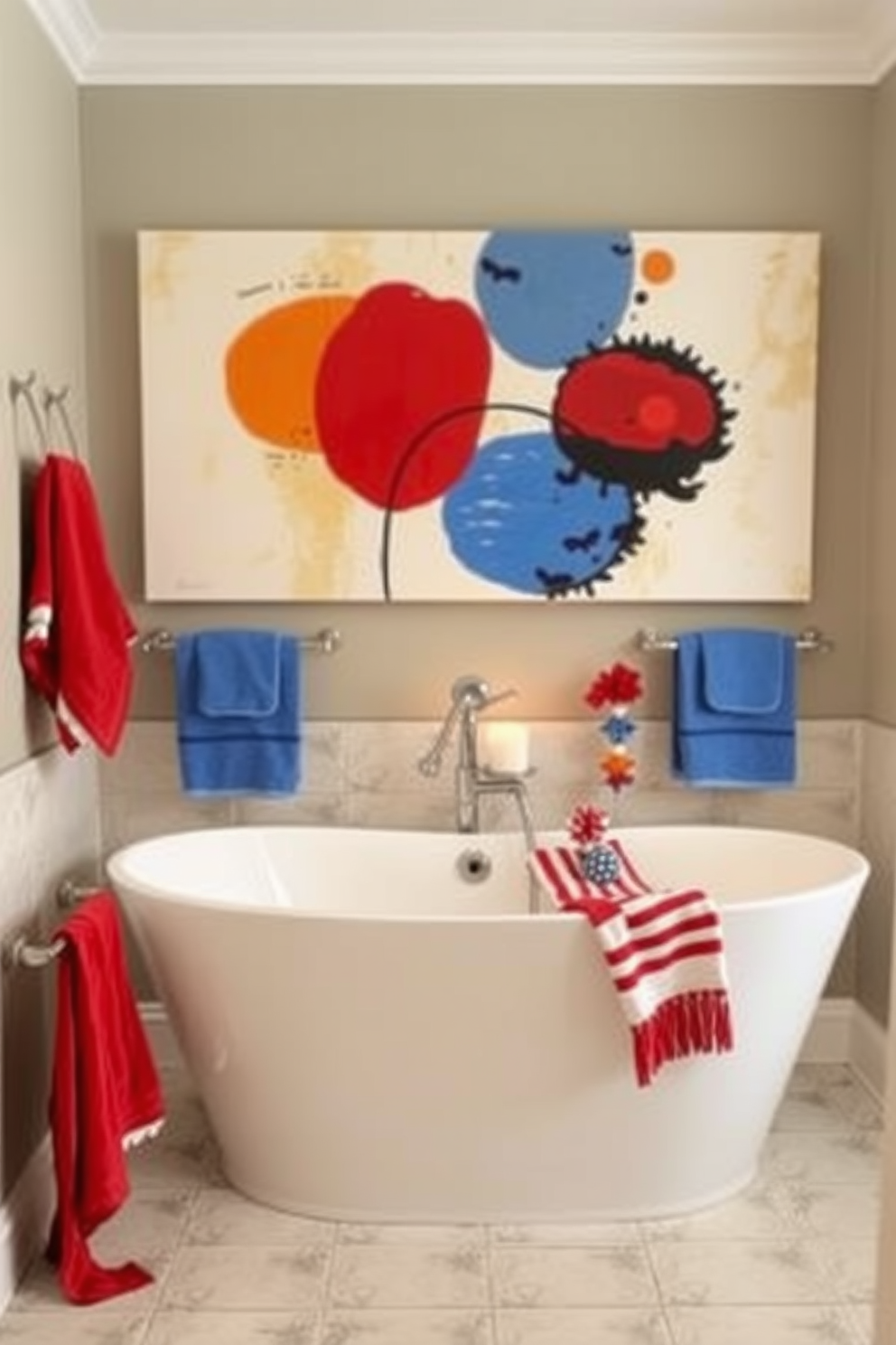 Custom artwork for personal expression. A large canvas featuring abstract shapes and vibrant colors hangs above a sleek white freestanding bathtub, adding a touch of creativity to the space. Labor Day Bathroom Decorating Ideas. Festive red, white, and blue accents are incorporated through towels, candles, and decorative items, creating a cheerful and inviting atmosphere for the holiday.