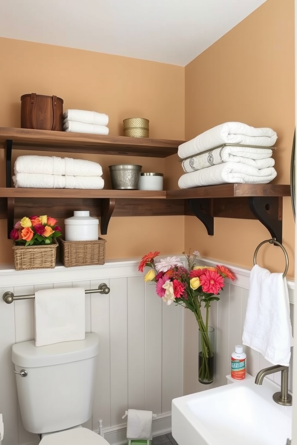 Open shelving is designed to provide easy access to essentials, creating a functional yet stylish bathroom space. The shelves are made of reclaimed wood, displaying neatly arranged towels and decorative baskets for added organization. Labor Day bathroom decorating ideas include incorporating seasonal elements like vibrant flowers and festive decor. A fresh coat of paint in a warm hue can enhance the inviting atmosphere while complementing the open shelving design.