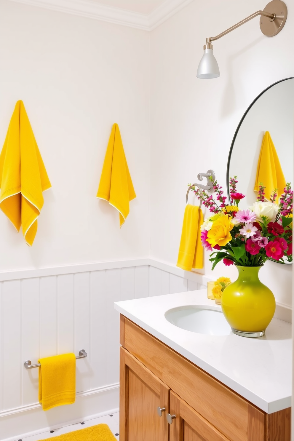 A cheerful bathroom adorned with bright accents. The walls are painted in a soft white, while vibrant yellow towels and accessories add a pop of color. A stylish wooden vanity with a white countertop is complemented by a large round mirror. Fresh flowers in a colorful vase sit atop the vanity, bringing life to the space.