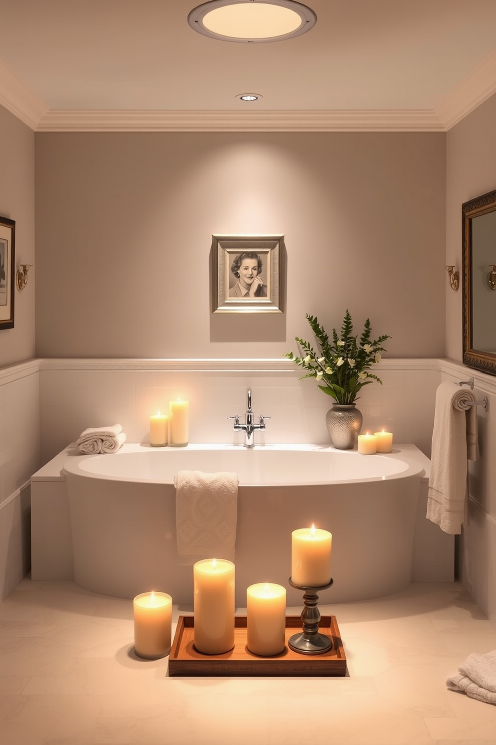 A serene bathroom oasis designed for relaxation. Soft mood lighting illuminates the space, highlighting the elegant features of the room. The walls are adorned with calming pastel hues, complemented by plush towels and decorative accents. Thoughtfully arranged candles add a warm glow, creating a tranquil environment perfect for unwinding.