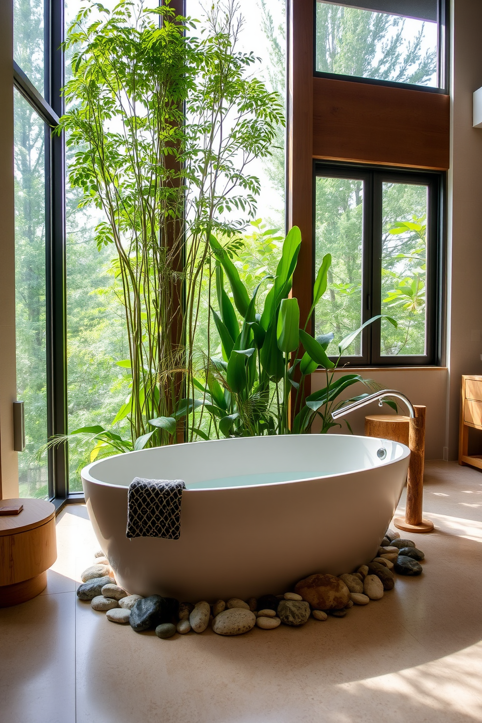 A serene bathroom retreat infused with nature-inspired elements. The space features a freestanding soaking tub surrounded by lush greenery and natural wood accents. Soft, earthy tones create a calming atmosphere, while large windows allow natural light to flood the room. Decorative stones and pebbles are thoughtfully placed around the tub, enhancing the tranquil vibe.