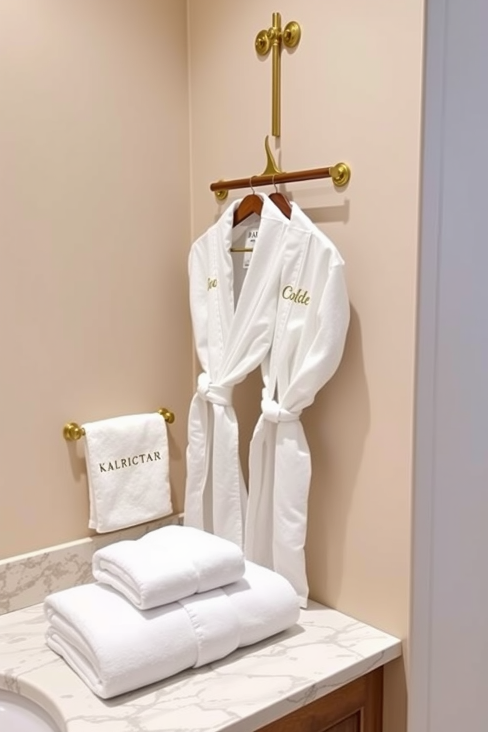 A luxurious bathroom setting featuring personalized bathrobes neatly hung on a stylish wooden rack. The walls are adorned with soft beige tones, complemented by elegant gold accents and plush white towels arranged neatly on a marble countertop.