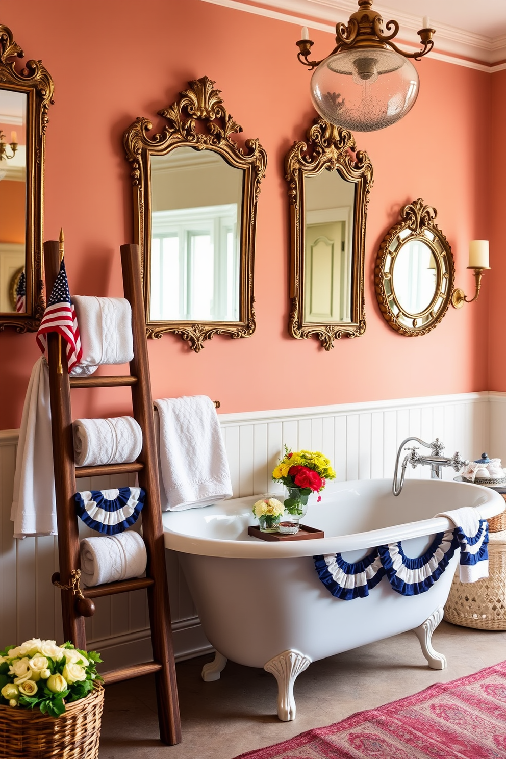 A vintage bathroom adorned with ornate mirrors that reflect a classic elegance. The space features a freestanding clawfoot tub, complemented by a rustic wooden ladder holding plush towels. Labor Day decorations include seasonal accents such as small American flags and festive floral arrangements. The color palette incorporates warm tones with hints of red, white, and blue for a cheerful atmosphere.