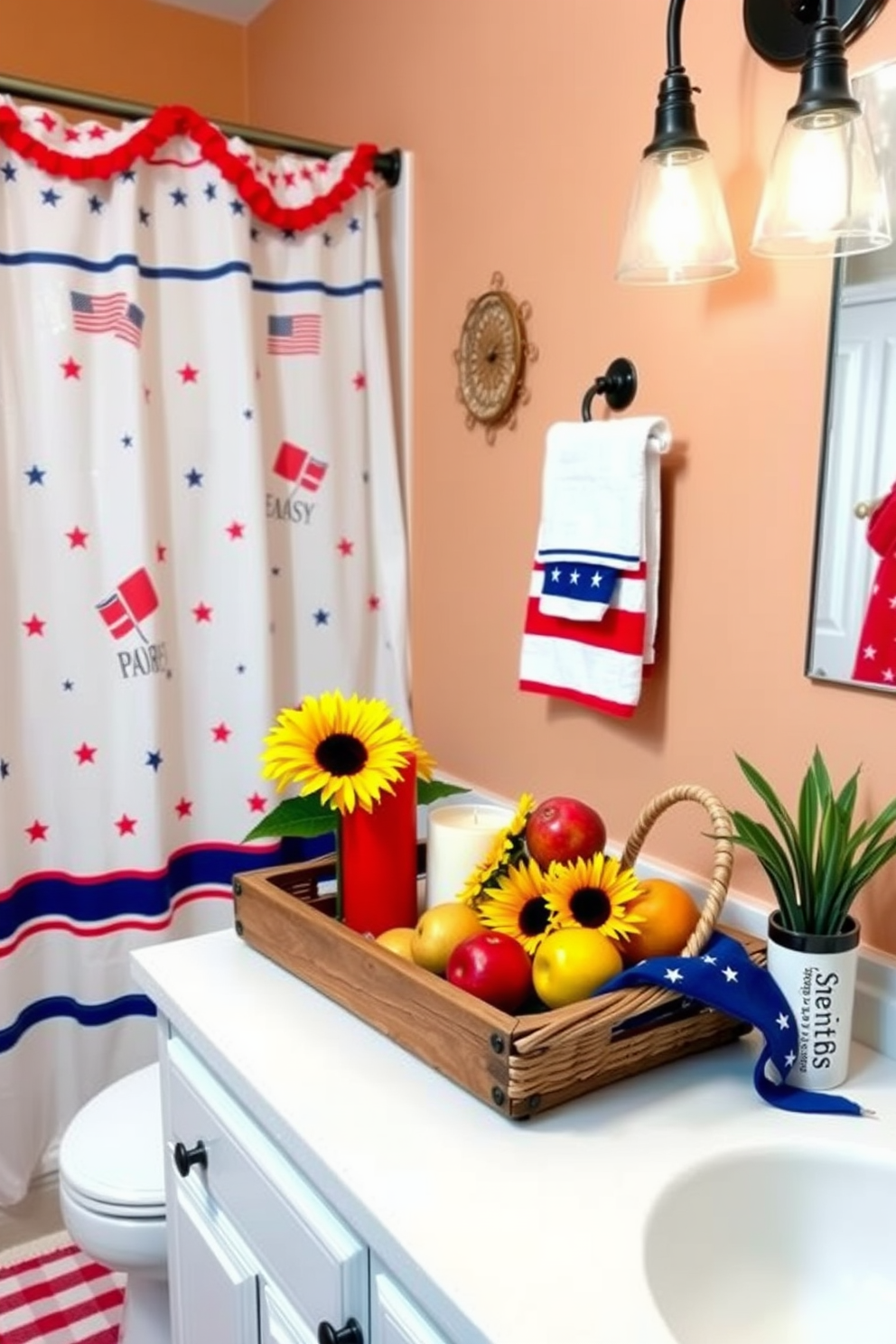 A vibrant bathroom setting adorned with seasonal decor for Labor Day. The space features a patriotic color scheme with red, white, and blue accents, including a decorative shower curtain and themed towels. On the countertop, a rustic wooden tray holds festive candles and a small arrangement of sunflowers. A woven basket filled with seasonal fruits adds a cheerful touch to the overall design.