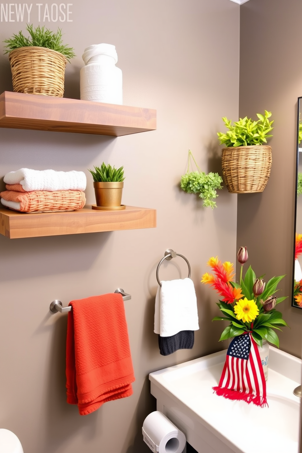 Floating shelves create a modern and functional storage solution in the bathroom. These shelves are made of reclaimed wood and are adorned with decorative baskets and potted plants for a fresh touch. Labor Day bathroom decorating ideas include using vibrant colors and seasonal accents. Incorporate plush towels in warm tones and add a festive centerpiece to create a welcoming atmosphere.