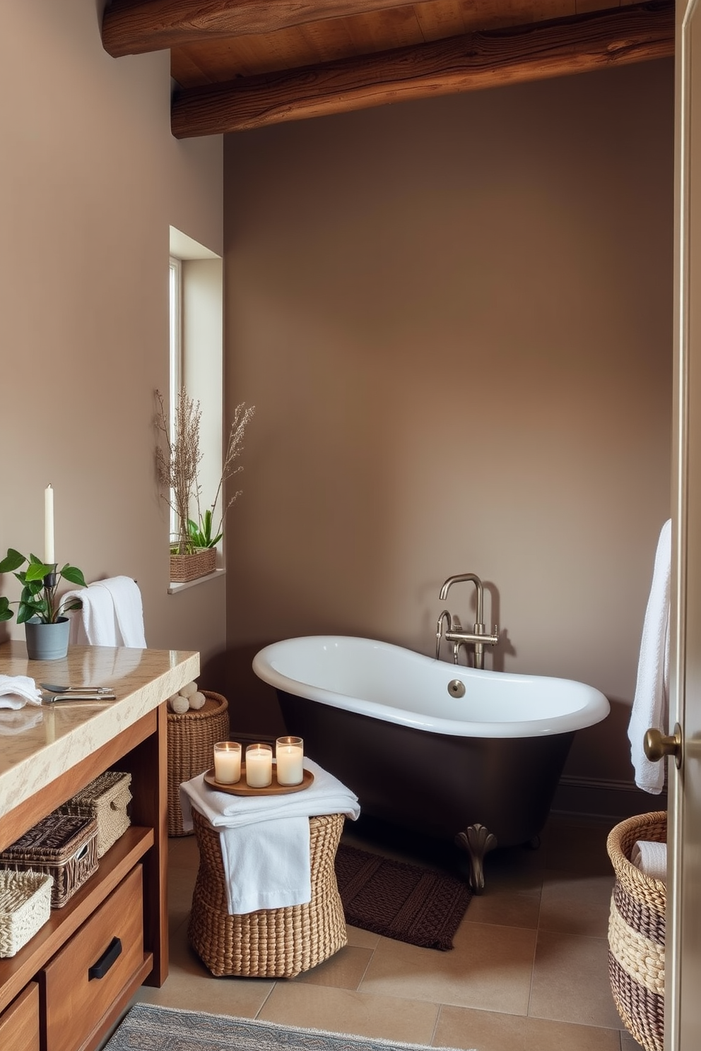 A tranquil bathroom retreat featuring earthy tones that evoke a sense of calm. The walls are painted in a soft taupe, complemented by natural wood accents and a stone countertop. Decorative elements include potted plants and woven baskets for storage. A freestanding bathtub sits gracefully in the corner, surrounded by candles and soft towels for a relaxing ambiance.