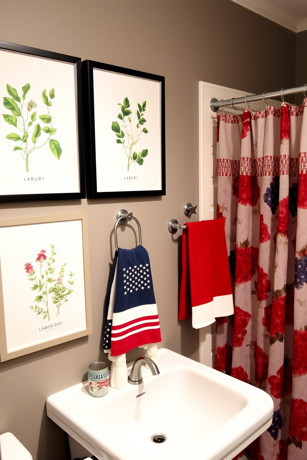 Framed botanical prints adorn the walls, showcasing vibrant greenery and delicate floral designs that bring a touch of nature indoors. The prints are arranged in a gallery style, creating a focal point that enhances the serene atmosphere of the space. For Labor Day, the bathroom is decorated with red, white, and blue accents, incorporating festive towels and a themed shower curtain. Subtle touches like star-shaped decor and striped accessories create a playful yet elegant ambiance, perfect for celebrating the holiday.