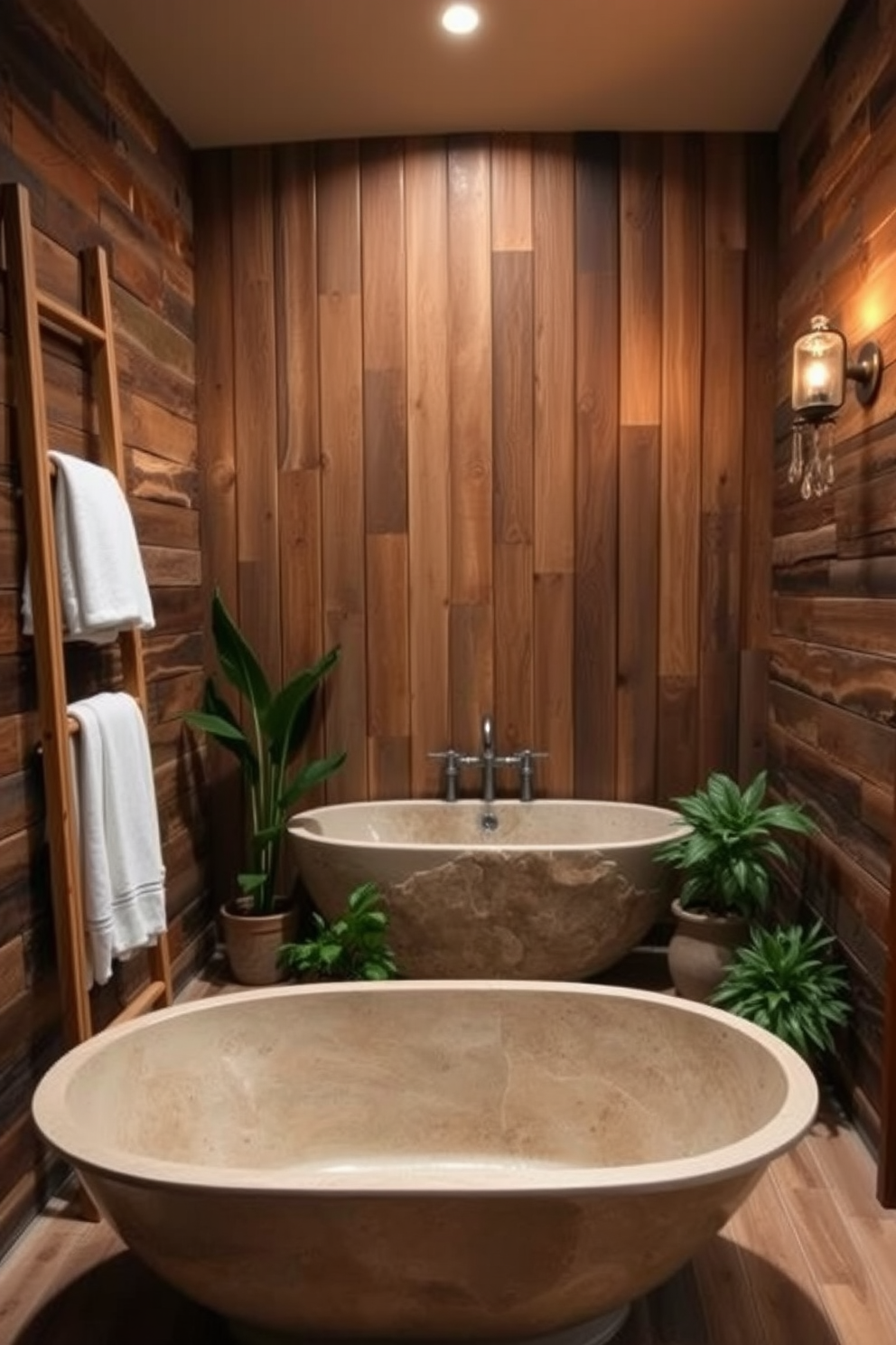 A cozy bathroom setting infused with rustic wood elements. The walls are adorned with reclaimed wood panels, and a wooden ladder leans against one side, holding plush towels. A freestanding soaking tub made of natural stone sits in the center, surrounded by potted plants for a touch of greenery. Soft, ambient lighting from vintage-style sconces casts a warm glow, enhancing the inviting atmosphere.