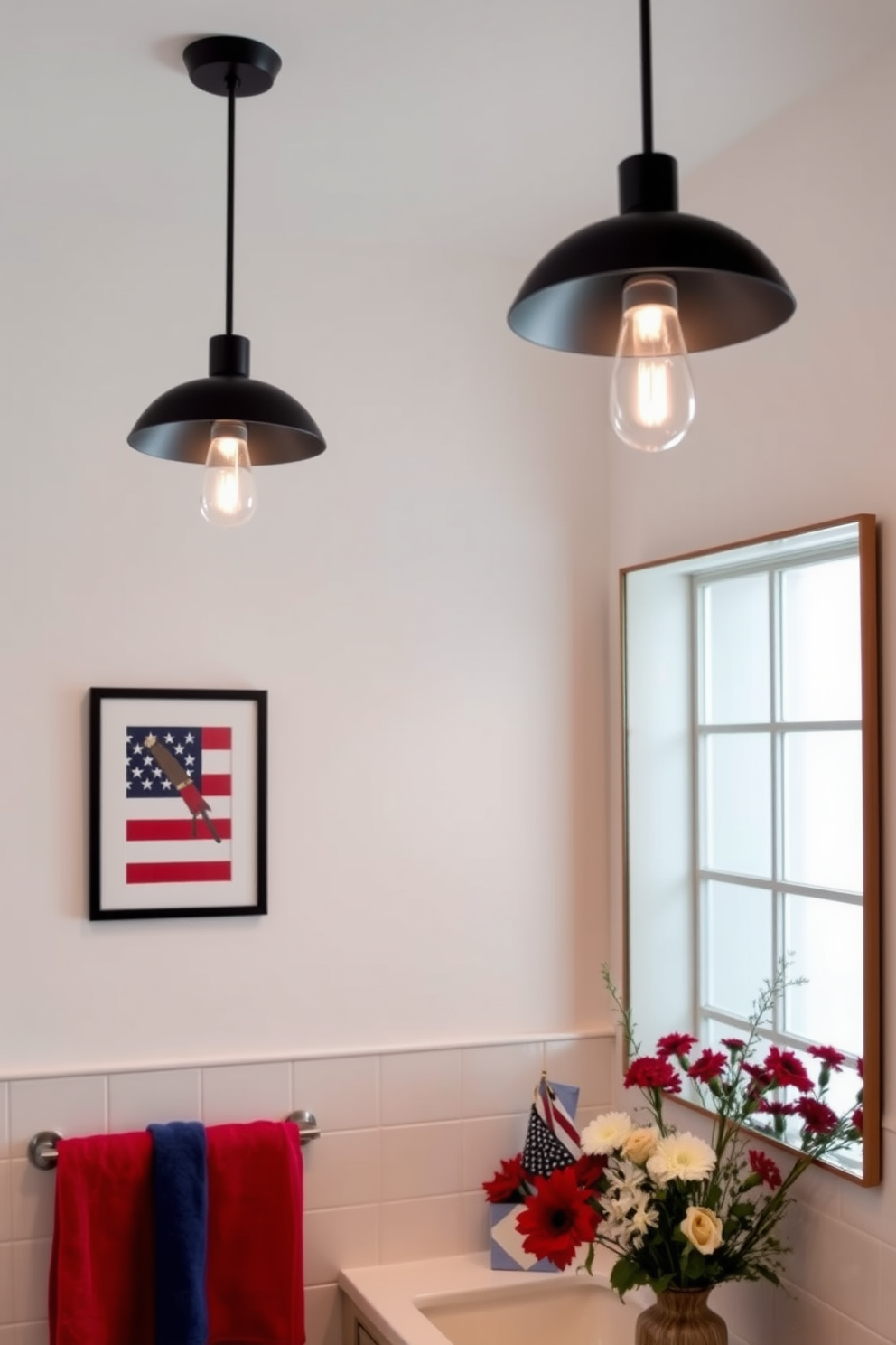 Chic pendant lights hang gracefully from the ceiling, casting a warm glow over the minimalist bathroom. The lights feature a sleek design with a matte black finish, perfectly complementing the contemporary aesthetic of the space. Labor Day bathroom decorating ideas include vibrant accents that celebrate the holiday. Incorporate seasonal decor such as red and blue towels, along with tasteful arrangements of fresh flowers to enhance the festive atmosphere.