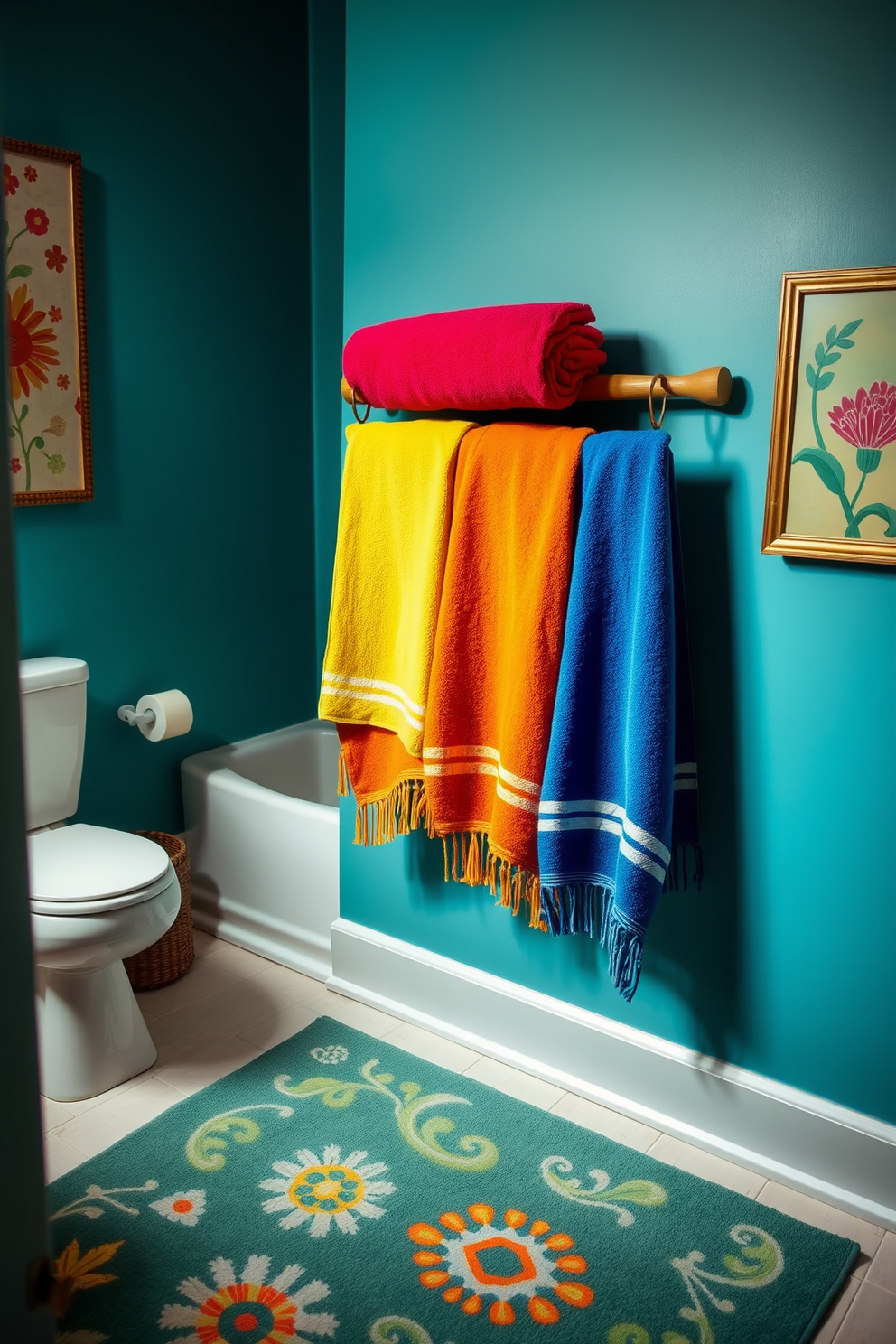 A vibrant bathroom setting featuring colorful towels displayed neatly on a wooden towel rack. The walls are adorned with cheerful artwork, and a stylish rug adds warmth to the space while coordinating with the vibrant towels.