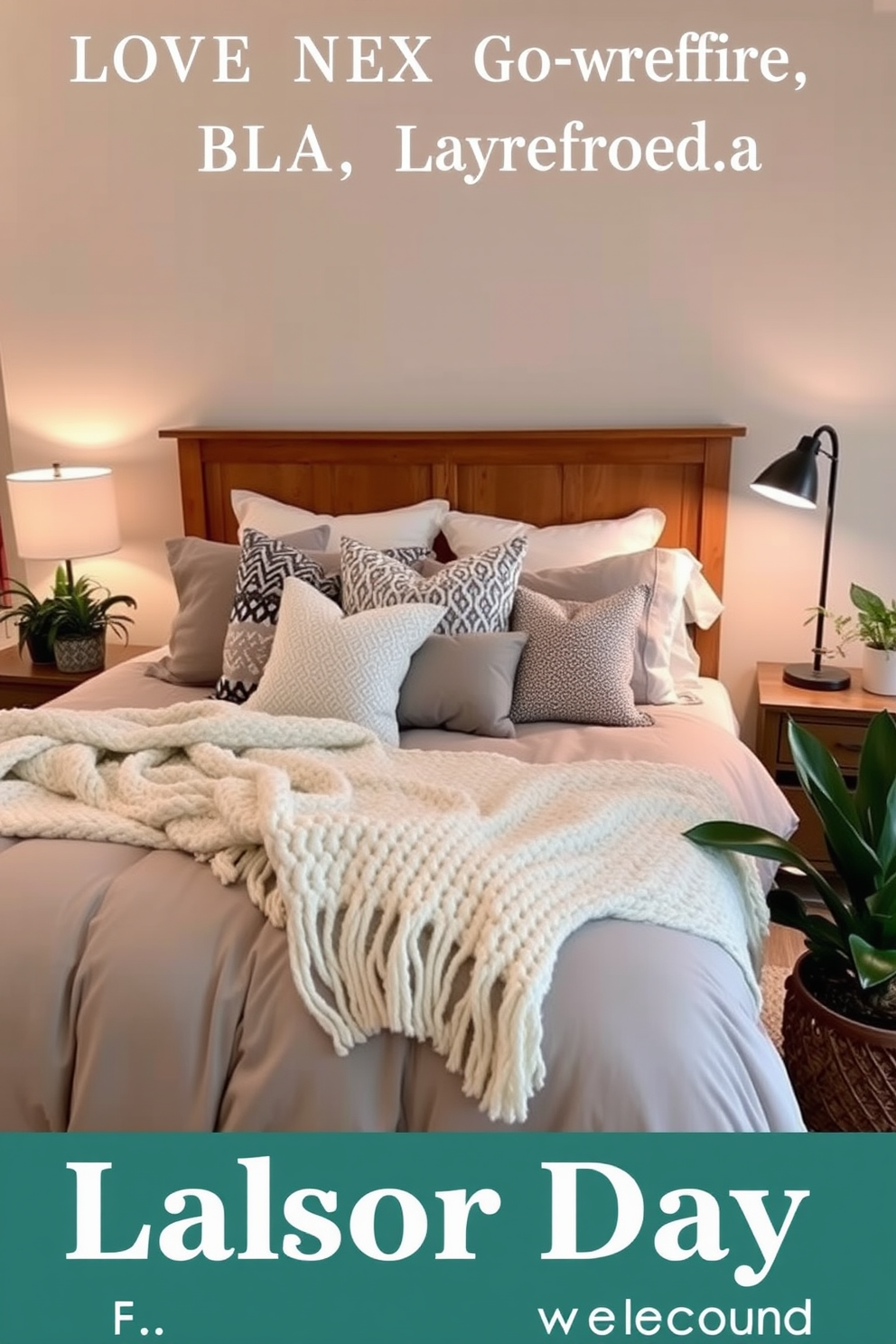 A cozy layered bedding setup features a plush duvet in soft gray, topped with a chunky knit throw in cream. Decorative pillows in various textures and patterns add visual interest, while a warm-toned bed frame completes the inviting look. The bedroom is adorned with soft lighting from bedside lamps, creating a serene atmosphere perfect for relaxation. A touch of greenery from potted plants enhances the cozy feel, making it a perfect retreat for Labor Day weekend.