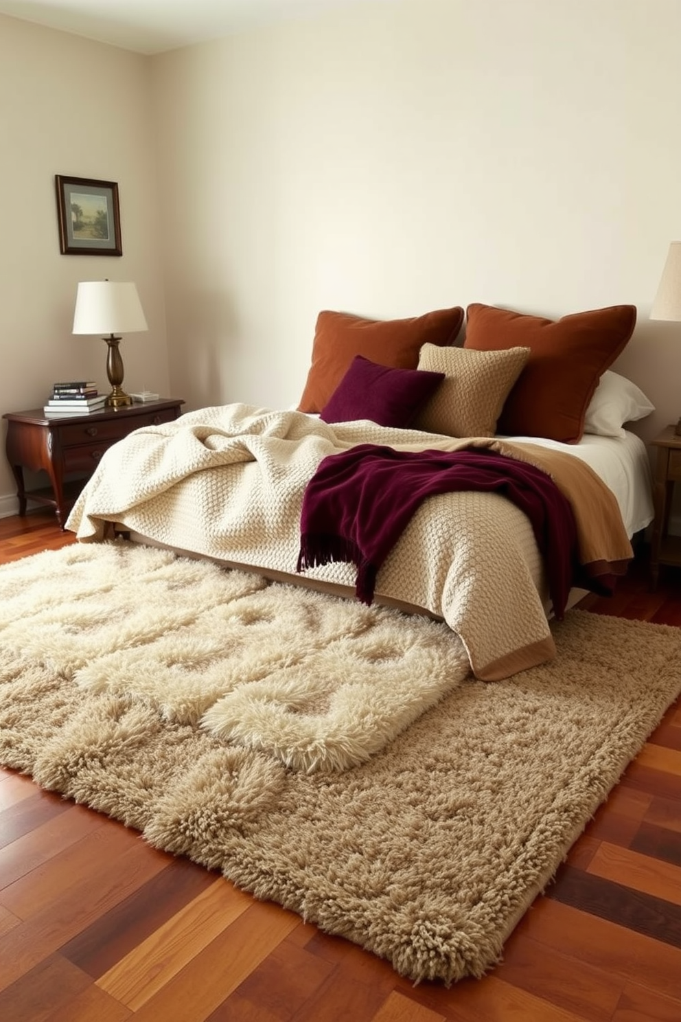 A cozy bedroom featuring a plush area rug layered over hardwood flooring. The bed is adorned with a mix of textured throws in soft fabrics, creating a warm and inviting atmosphere. The walls are painted in a soft beige, complementing the rich colors of the bedding. A vintage nightstand holds a stylish lamp, adding a touch of elegance to the space.