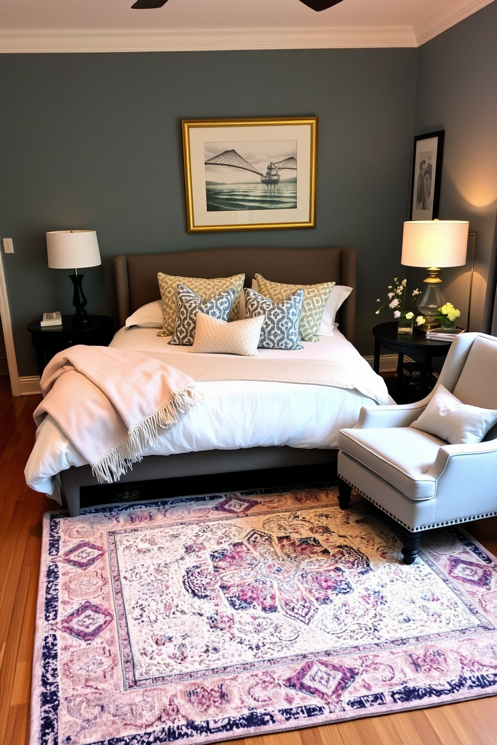 A cozy bedroom designed for relaxation features a plush bed with soft linens and an assortment of decorative pillows. The focal point is a stylish area rug that adds warmth and texture, perfectly complementing the color scheme of the room. The walls are adorned with tasteful artwork, and a bedside table holds a modern lamp for ambient lighting. A comfortable chair sits in the corner, inviting you to unwind with a book, while fresh flowers bring a touch of nature indoors.