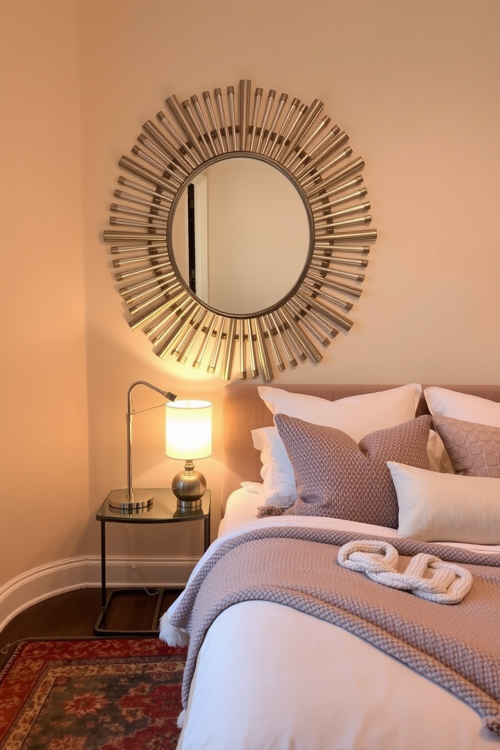 A cozy bedroom featuring a decorative mirror that adds depth to the space. The bed is adorned with plush pillows and a soft throw blanket, while a stylish nightstand holds a lamp with a warm glow. The walls are painted in a soft beige hue, creating a serene atmosphere. A colorful area rug lies beneath the bed, adding texture and comfort to the room.