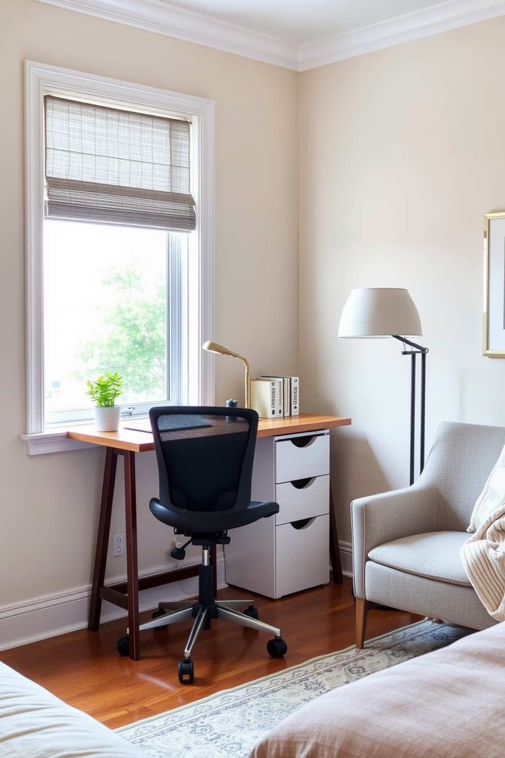 Create a serene workspace in a corner of the bedroom featuring a sleek wooden desk with a comfortable ergonomic chair. The walls are painted in soft pastel tones, and a large window allows natural light to flood the space, enhancing productivity and calmness. Incorporate decorative elements like a small potted plant and stylish stationery organizers on the desk. A cozy reading nook with a plush armchair and a soft throw blanket completes the inviting atmosphere.