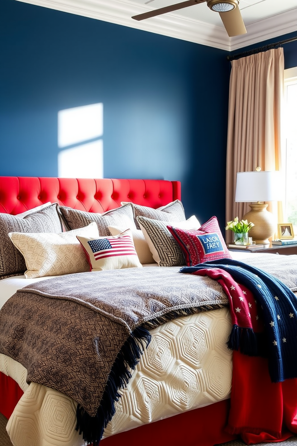 A striking bedroom featuring a bold upholstered headboard in a vibrant color that serves as the focal point of the room. The bedding is layered with luxurious textures and patterns that complement the headboard, creating a cozy yet stylish atmosphere. Labor Day decorations are subtly integrated into the design, with accents of red, white, and blue woven throughout the room. Decorative pillows and throws add a festive touch while maintaining an elegant overall aesthetic.