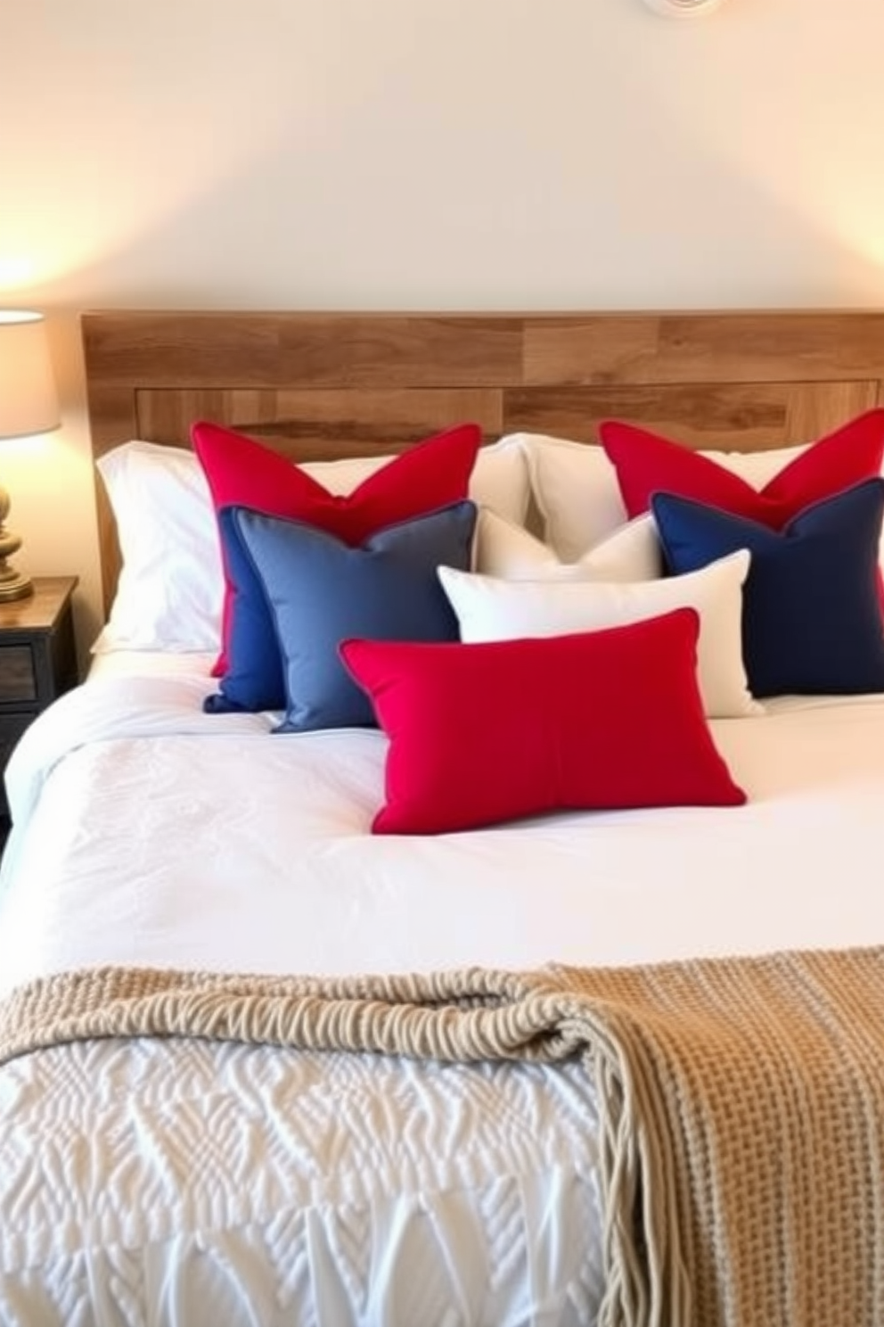 A cozy bedroom setting designed for Labor Day celebrations. The bed is adorned with crisp white linens and layered with bold accent pillows in vibrant red and blue hues. A rustic wooden headboard adds warmth to the space, complemented by soft ambient lighting from bedside lamps. A woven throw blanket drapes over the foot of the bed, enhancing the inviting atmosphere.