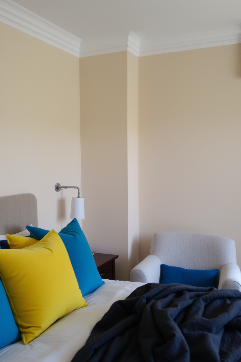 A serene bedroom space featuring neutral tones with colorful accents. The walls are painted in a soft beige, while the bedding showcases vibrant throw pillows in shades of blue and yellow. A cozy reading nook is set up in one corner with a plush armchair in a light gray fabric. A small side table holds a colorful lamp and a stack of books, inviting relaxation and comfort.