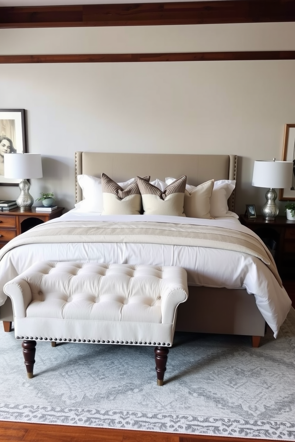 A serene bedroom setting featuring a plush bed with a soft, neutral-colored duvet and an assortment of decorative pillows. At the foot of the bed, a stylish upholstered bench adds both comfort and elegance to the space. The walls are painted in a calming light gray, complemented by warm wooden accents throughout the room. A cozy area rug in a subtle pattern anchors the space, while soft lighting from bedside lamps creates a welcoming atmosphere.