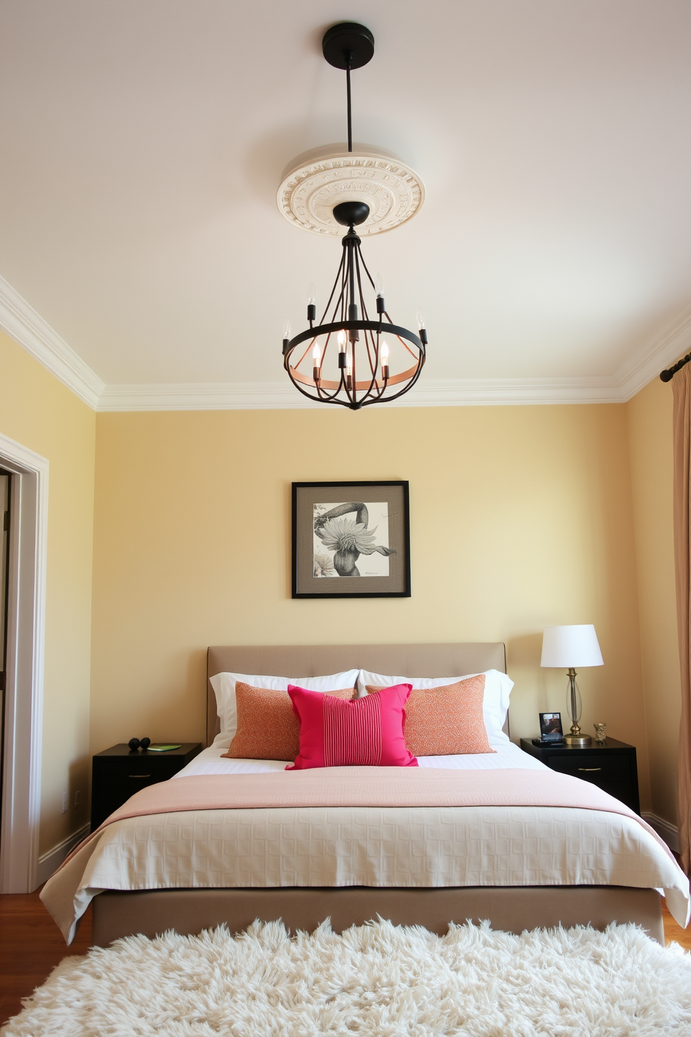 A stylish bedroom featuring a unique ceiling fixture that serves as a focal point above the bed. The room is adorned with soft, neutral tones complemented by vibrant accent pillows on the bed. The walls are painted in a warm beige, creating a cozy atmosphere. A plush area rug lies beneath the bed, adding texture and comfort to the space.