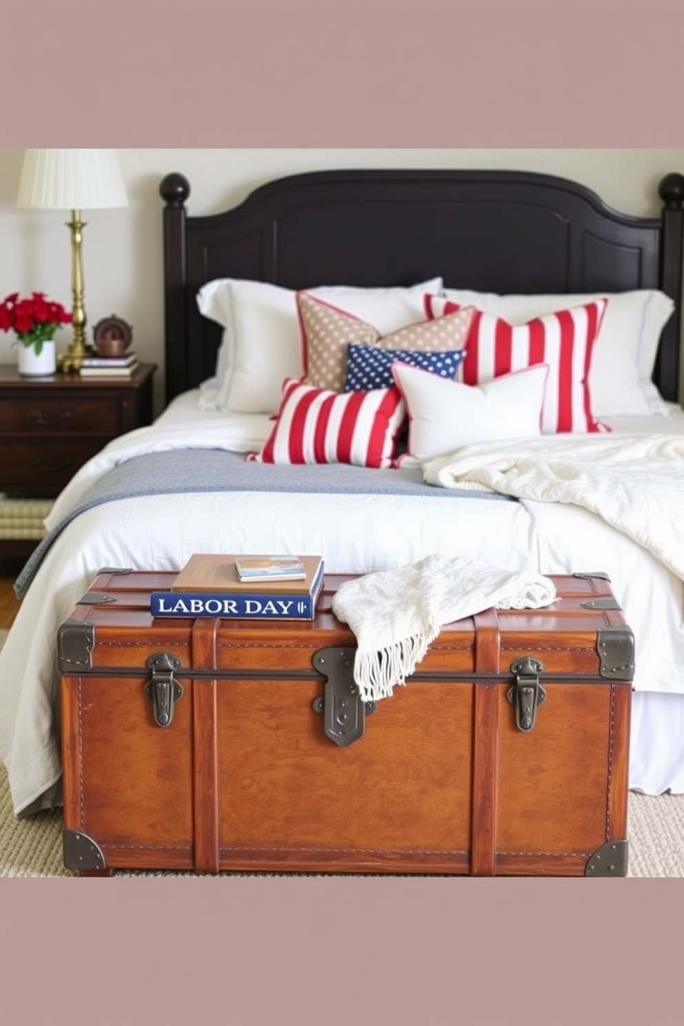 Choose a vintage trunk for storage that complements the overall aesthetic of the room. The trunk should be placed at the foot of the bed, adding both functionality and a touch of charm to the space. Incorporate Labor Day themed decorations by using warm colors and cozy textiles. Add throw pillows and a soft blanket in red, white, and blue hues to create a festive yet relaxing atmosphere.