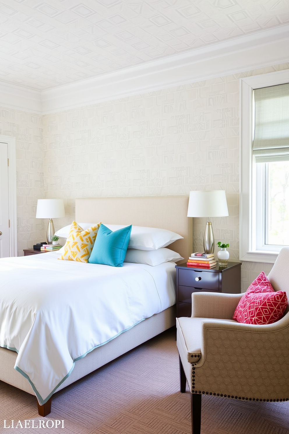 A stylish bedroom featuring wallpaper with a modern geometric pattern in soft pastels. The room is furnished with a plush queen-sized bed dressed in crisp white linens and accented with colorful throw pillows. On one side of the bed, a sleek nightstand holds a contemporary lamp and a stack of books. A cozy reading nook with a comfortable armchair and a small side table is positioned near a window, allowing natural light to flood the space.