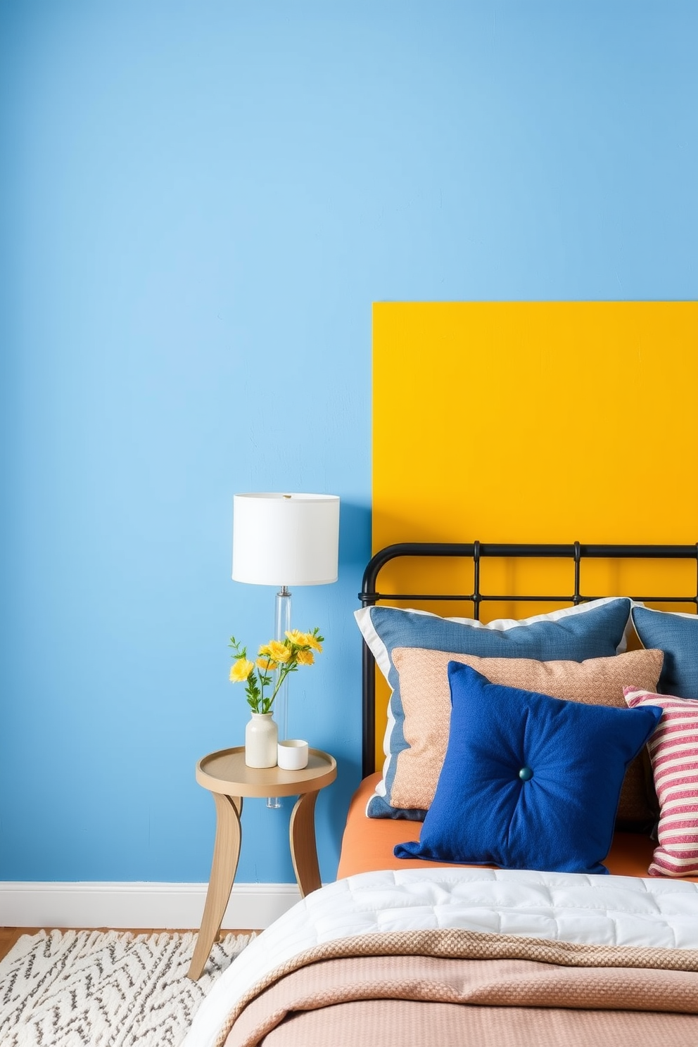 Create a color-blocked wall design with bold, contrasting hues that energize the space. The upper section is painted in a vibrant blue while the lower section features a warm mustard yellow, creating a dynamic visual effect. Incorporate cozy elements like a plush area rug and layered bedding to enhance the inviting atmosphere. Add decorative pillows in complementary colors to tie the room together and celebrate the spirit of Labor Day.