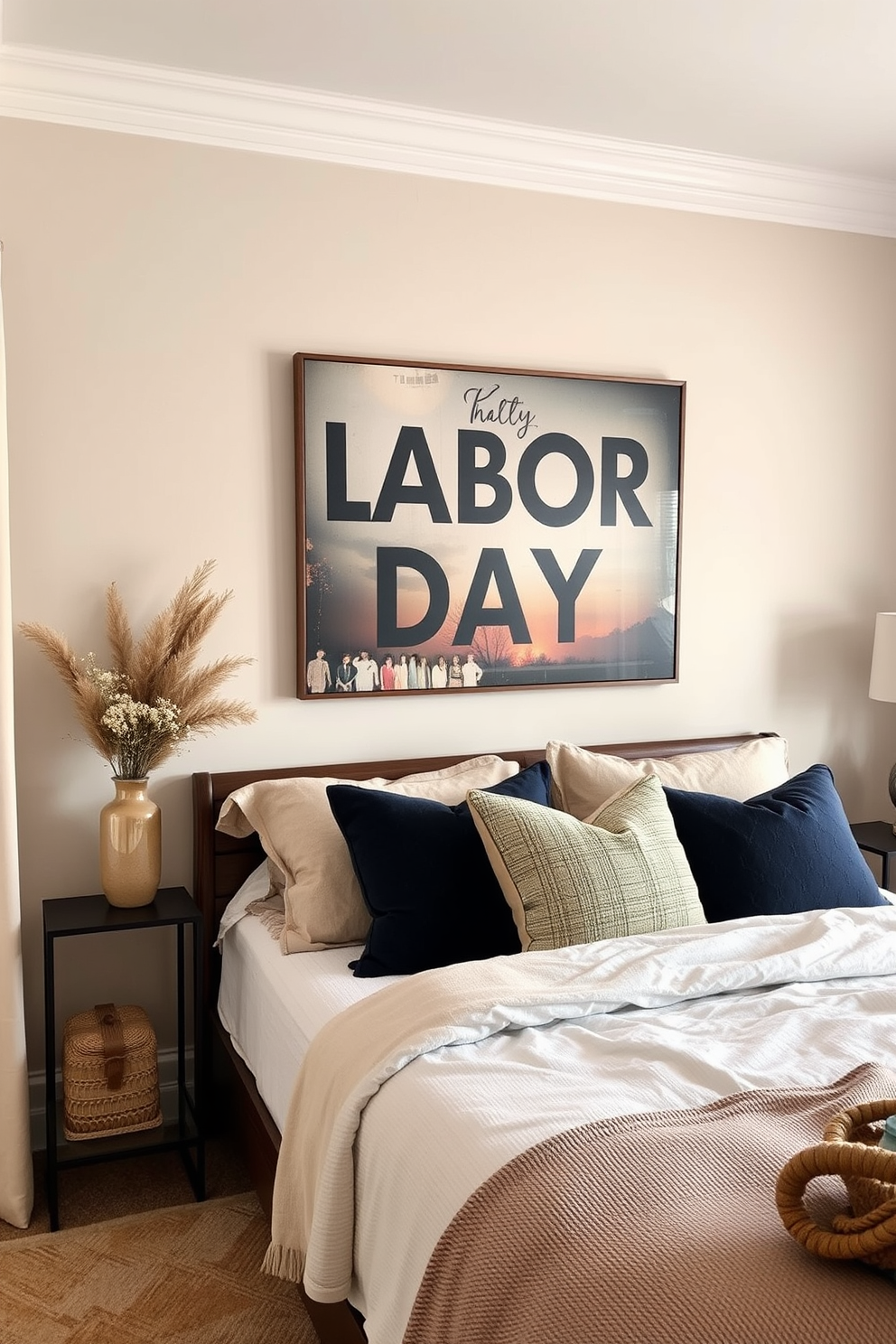 A cozy bedroom featuring a statement wall art piece that captures the essence of Labor Day. The room is adorned with warm tones and soft textures, creating a welcoming atmosphere for relaxation.