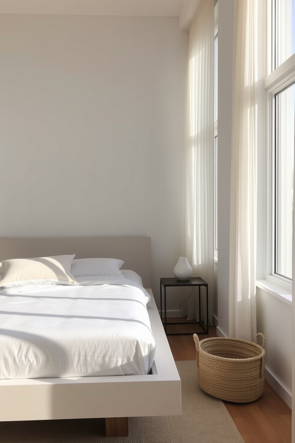 A serene bedroom with a minimalist aesthetic. The bed features a simple platform frame with crisp white bedding and a single accent pillow in a soft pastel shade. Natural light floods the room through large windows dressed in sheer curtains. A small bedside table holds a single sculptural lamp, while a woven basket in the corner adds texture without clutter.