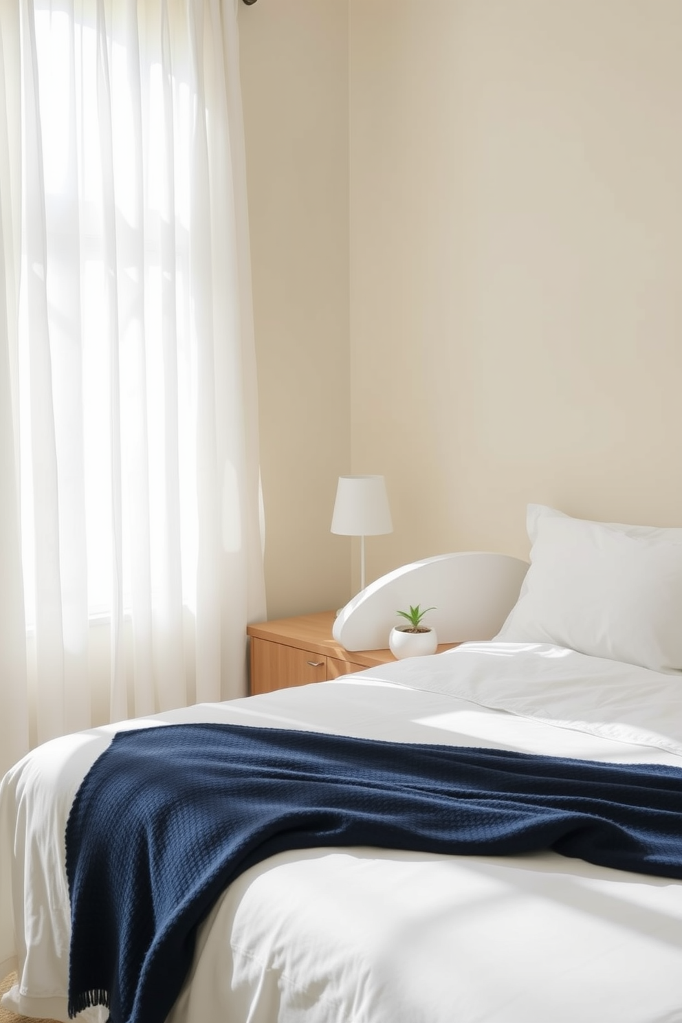 A serene bedroom setting featuring soft beige walls complemented by pale blue accents. The bed is dressed in crisp white linens with a cozy navy throw blanket draped across the foot. Natural light floods the room through sheer white curtains, creating a warm and inviting atmosphere. A wooden nightstand holds a simple lamp and a small potted plant, adding a touch of greenery to the space.