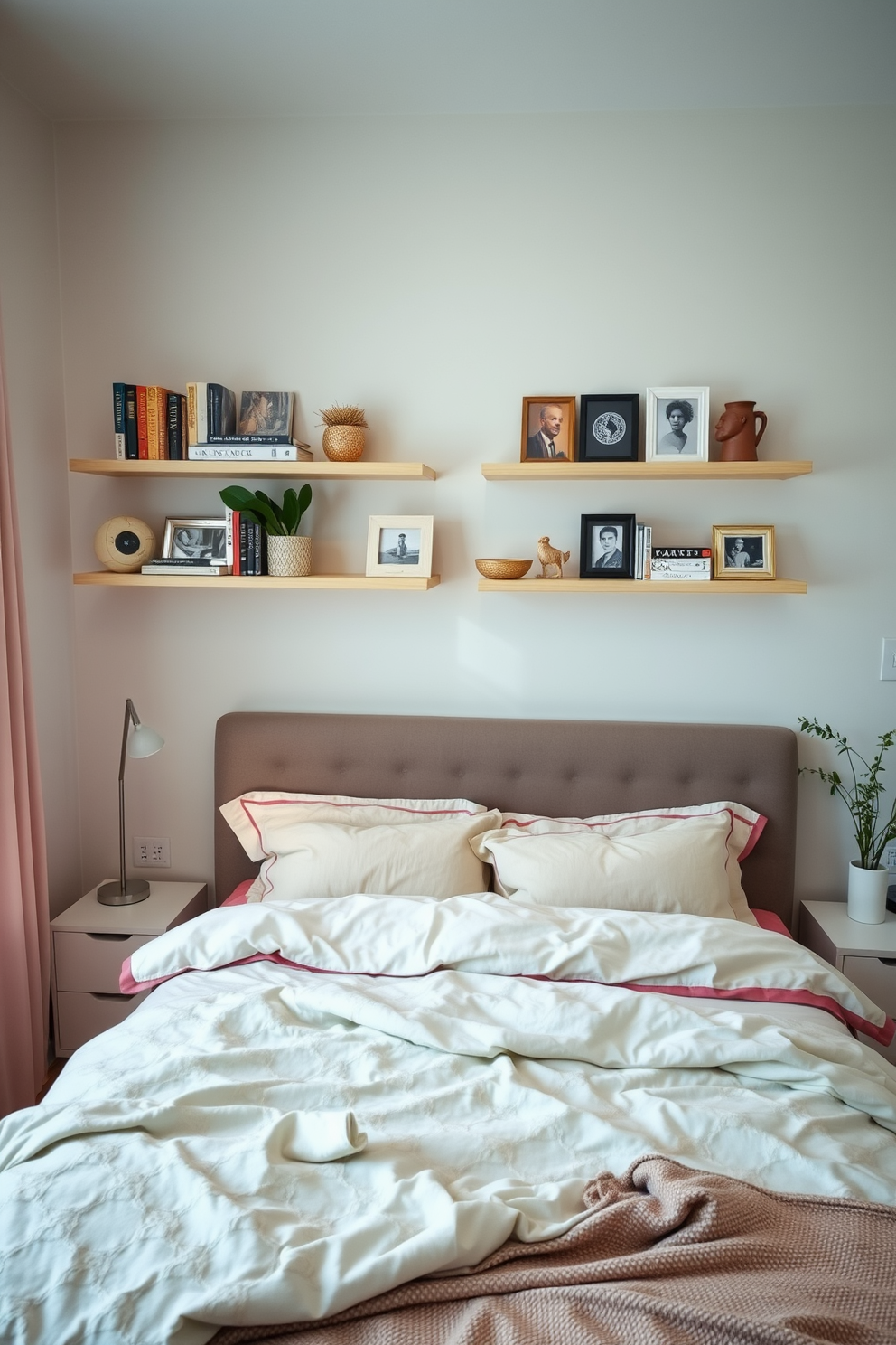 A cozy bedroom featuring floating shelves on the walls, adorned with various decorative items and books. The bed is dressed in soft linens with a mix of neutral and pastel colors, creating a serene atmosphere for relaxation.