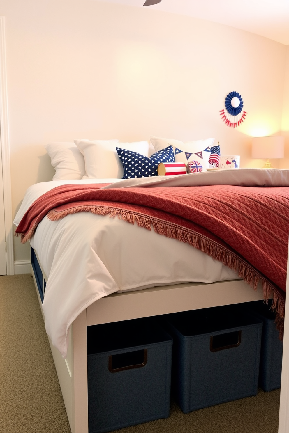 A cozy bedroom featuring a bed with a plush comforter and decorative pillows. Under the bed, stylish storage bins are neatly organized, maximizing space while maintaining a clean aesthetic. Soft lighting illuminates the room, creating a warm and inviting atmosphere. Colorful Labor Day-themed decor, such as red, white, and blue accents, adds a festive touch to the overall design.