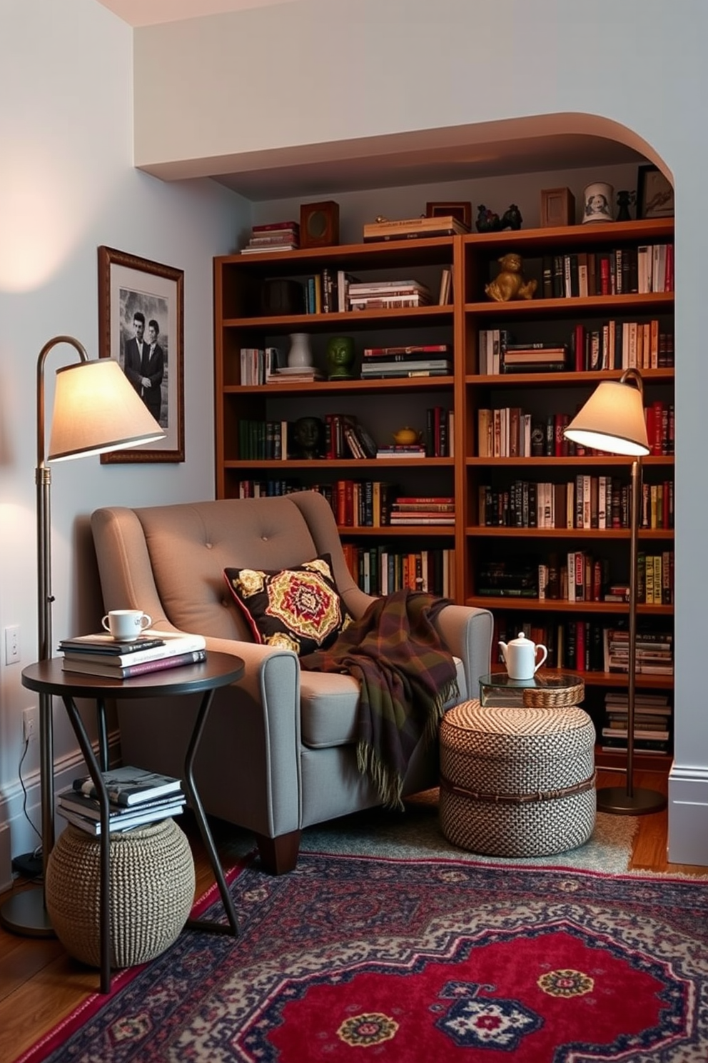 Create a cozy reading nook featuring a plush armchair upholstered in soft fabric. A small side table holds a stack of books and a warm cup of tea, while a floor lamp provides gentle lighting for evening reading. Incorporate a decorative throw blanket draped over the chair and a colorful area rug underneath to add warmth. Surround the nook with shelves filled with books and personal mementos to create an inviting atmosphere.