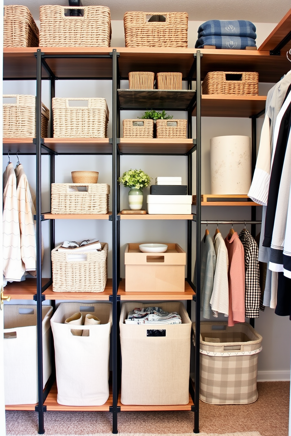 A stylish open shelving unit is designed with a mix of wooden and metal materials, creating a modern yet warm aesthetic. The shelves are filled with neatly organized baskets, decorative boxes, and curated decor items that reflect personal style. Labor Day closet decorating ideas focus on maximizing space while maintaining a chic appearance. Incorporate seasonal colors and textures with stylish bins and hangers to create an inviting and functional closet space.