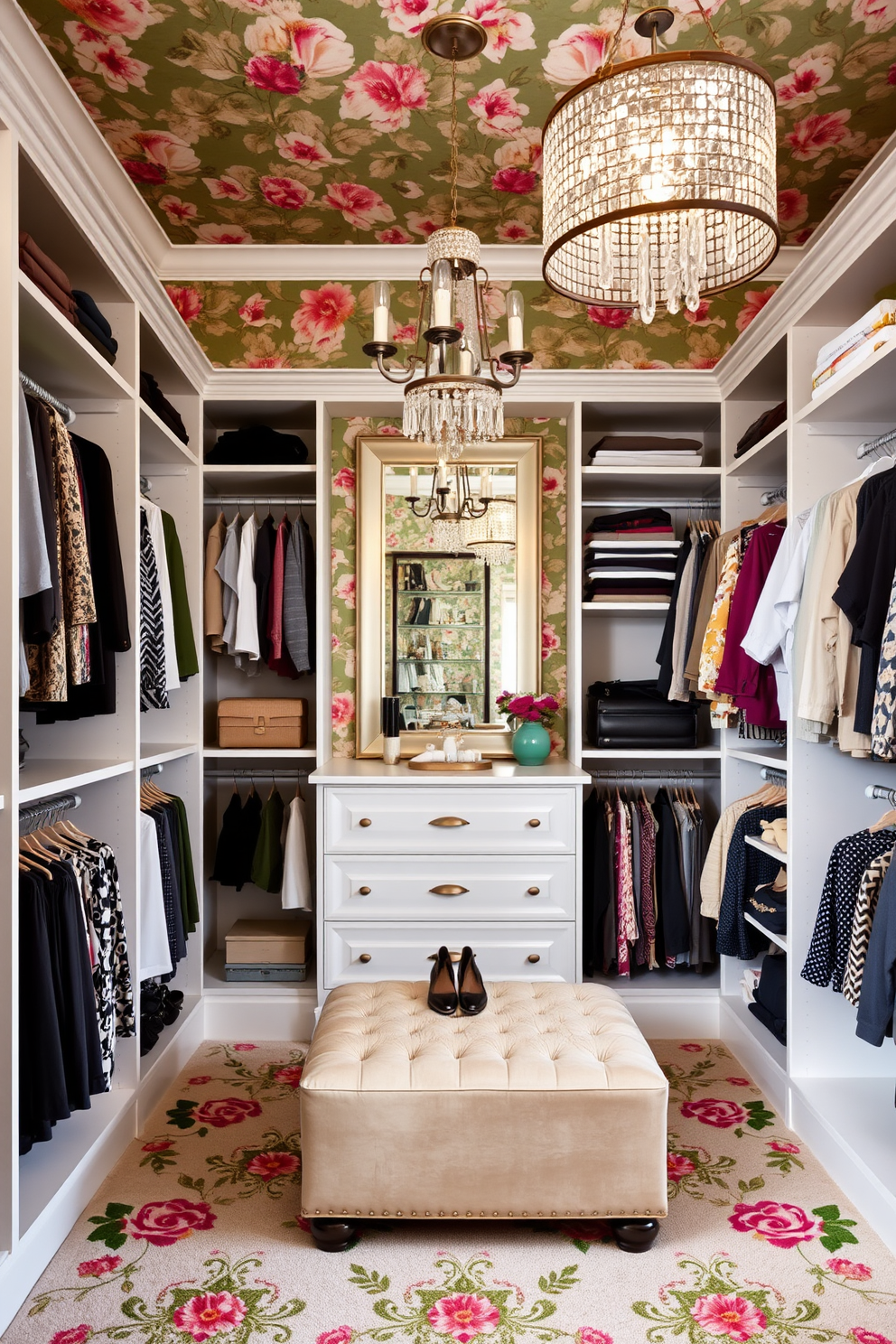 A stylish closet space featuring bold floral wallpaper that adds a vibrant touch to the room. The closet is organized with custom shelving and hanging rods, showcasing an array of neatly arranged clothing and accessories. In the center, a plush ottoman provides a comfortable seating area for putting on shoes. Elegant lighting fixtures hang above, illuminating the space with a warm glow while a large mirror reflects the chic decor.