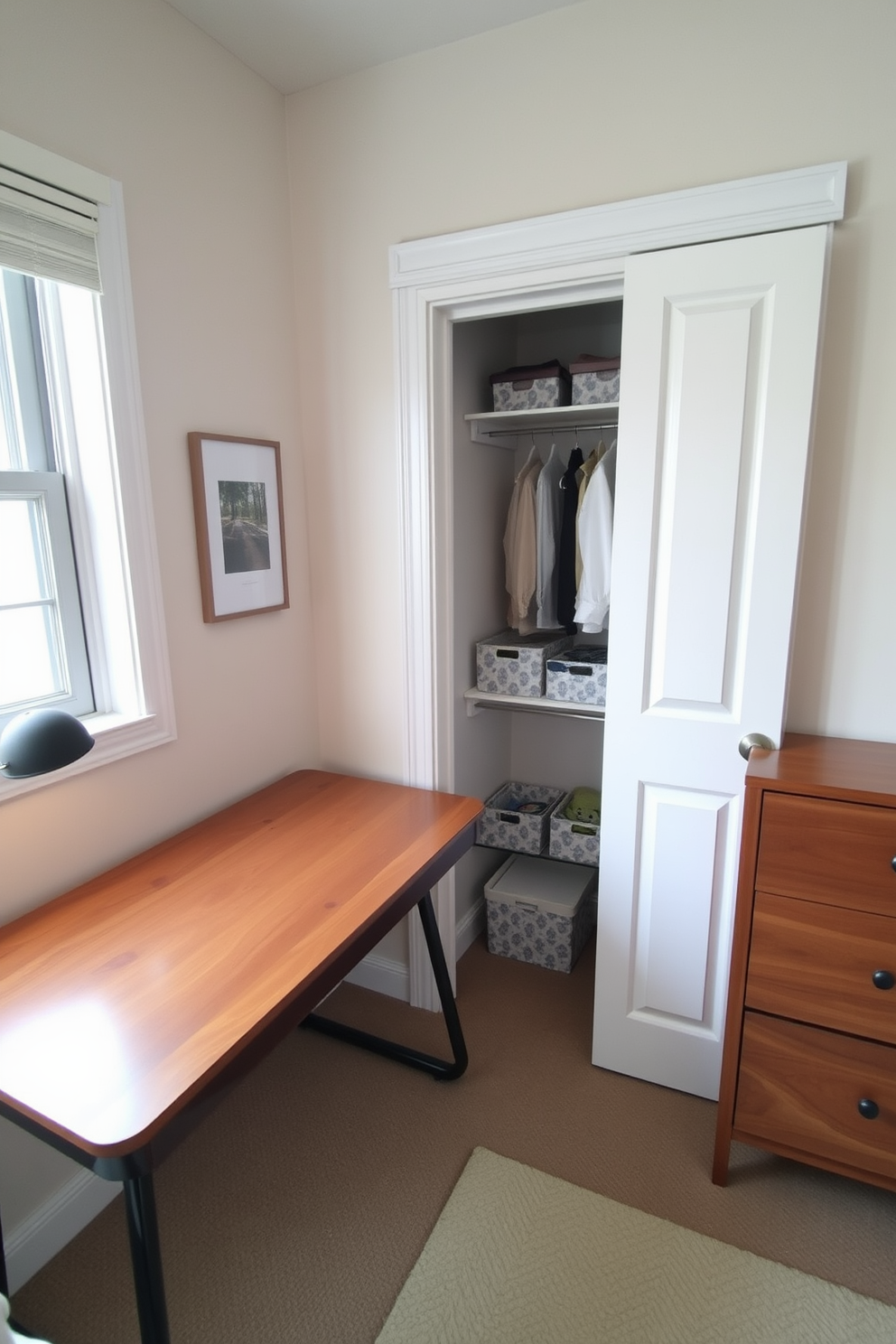 A cozy workspace featuring a small wooden desk with a sleek design. The desk is positioned near a window, allowing natural light to illuminate the space. To the right of the desk, there's a well-organized closet with decorative storage boxes and hanging space. The closet doors are painted in a soft white, complementing the warm tones of the room.