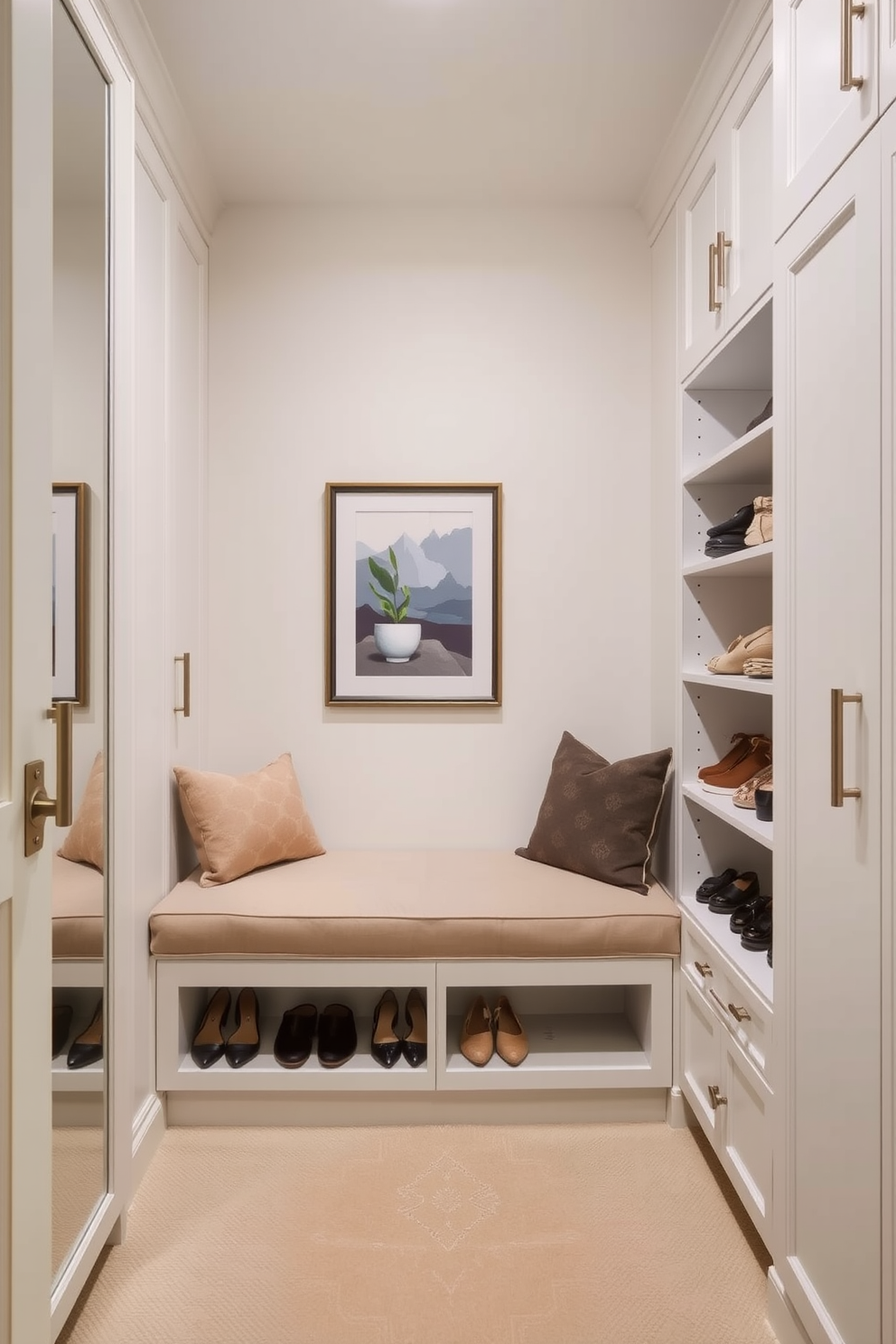 A stylish closet design featuring a built-in bench for seating. The bench is upholstered in a soft fabric and positioned against a wall lined with custom cabinetry, providing ample storage space for shoes and accessories. The closet walls are painted in a light neutral tone, creating a bright and airy atmosphere. Decorative elements such as framed artwork and a small potted plant add a touch of personality to the space.