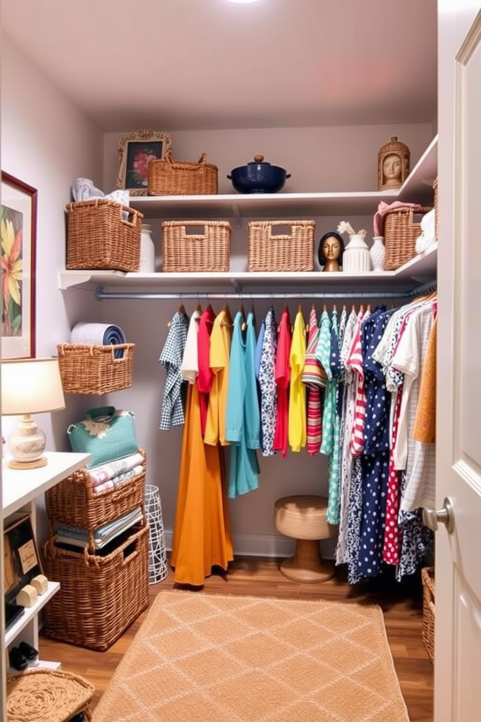 A charming closet space designed for Labor Day celebrations. The shelves are lined with woven baskets that add a rustic touch, while colorful summer attire is neatly organized for easy access. Soft lighting illuminates the area, creating a warm and inviting atmosphere. Decorative elements like seasonal artwork and vibrant accessories enhance the festive feel of the closet.