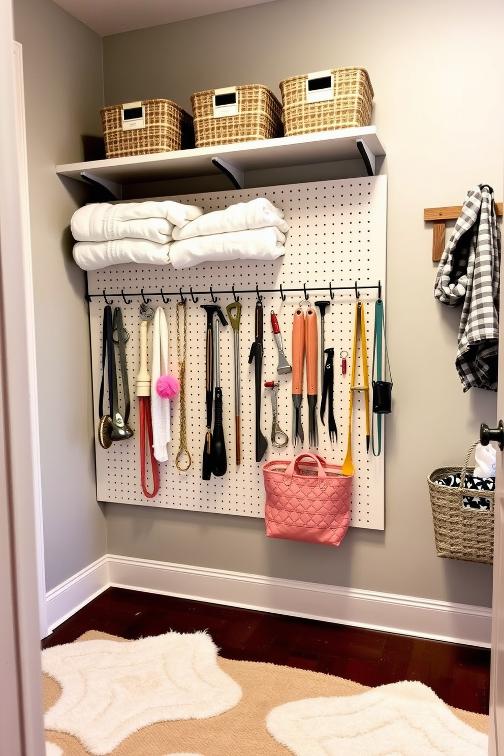 A stylish closet featuring a pegboard mounted on the wall for organizing tools and accessories. The pegboard is painted in a soft pastel color, adding a playful touch to the space while keeping everything neatly arranged. Shelves are installed above the pegboard, displaying neatly folded towels and decorative storage bins. A cozy rug lies on the floor, enhancing the inviting atmosphere of this well-organized Labor Day closet.