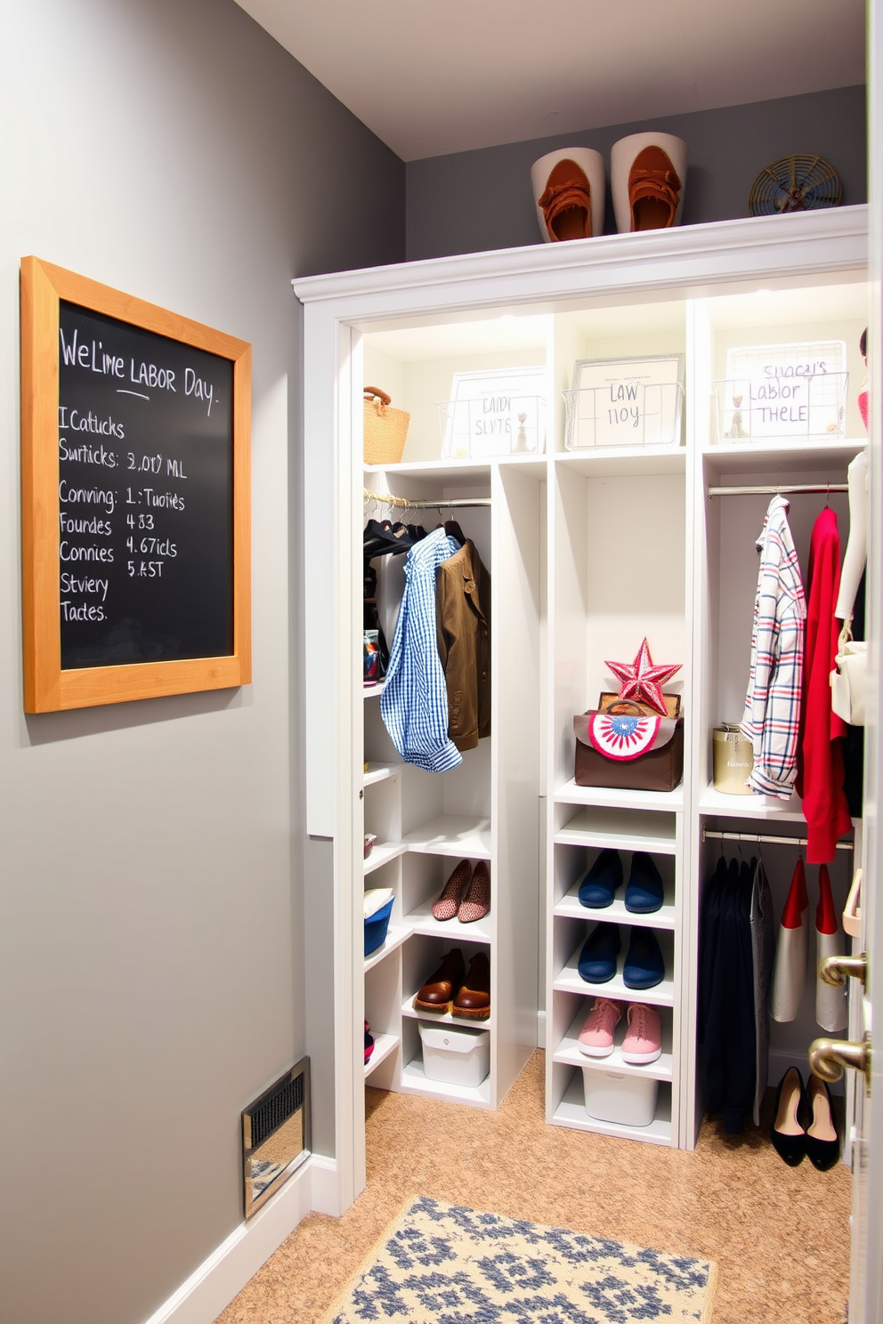 A stylish closet space designed for functionality and aesthetics. The walls are painted in a soft gray, and a large chalkboard is mounted on one side for notes and reminders. The closet features custom shelving and hanging space, with neatly organized compartments for shoes and accessories. Decorated with seasonal Labor Day-themed accents, the space exudes a welcoming and festive atmosphere.