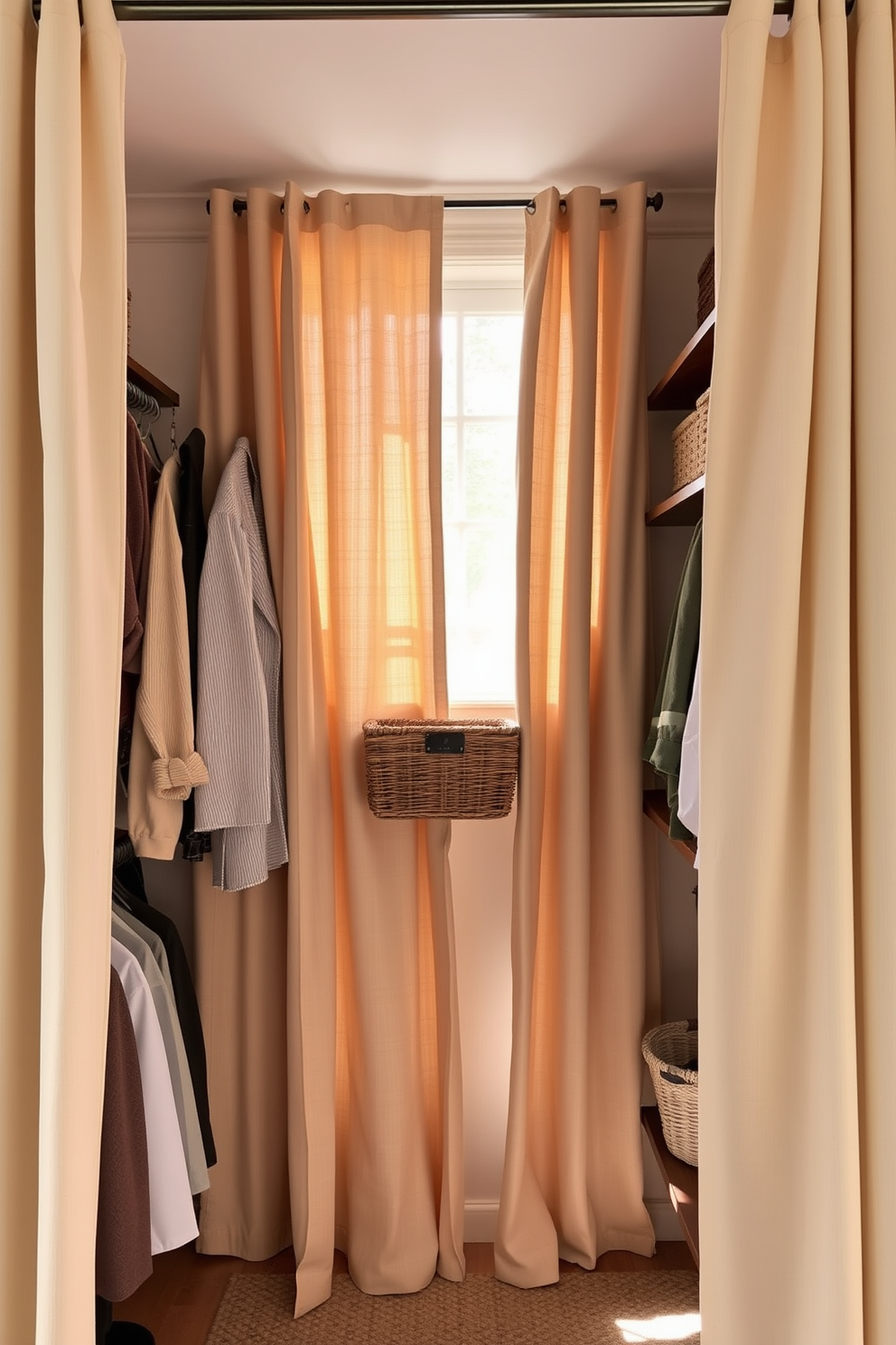 A cozy closet space featuring soft fabric curtains that create a gentle ambiance. The curtains are in a light beige tone, allowing natural light to filter through while providing privacy. The closet is organized with stylish wooden shelving and hangers, showcasing a curated selection of clothing and accessories. Decorative baskets are placed on the shelves for added storage and visual interest.