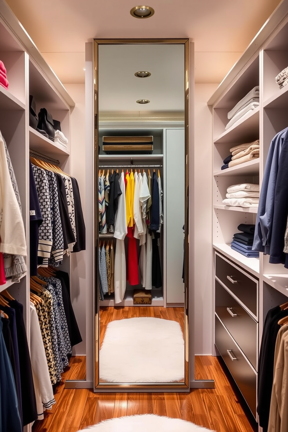 A stylish Labor Day closet featuring a full-length mirror that reflects the organized space. The closet is designed with custom shelving, elegant lighting, and a mix of hanging and folded garments arranged by color.