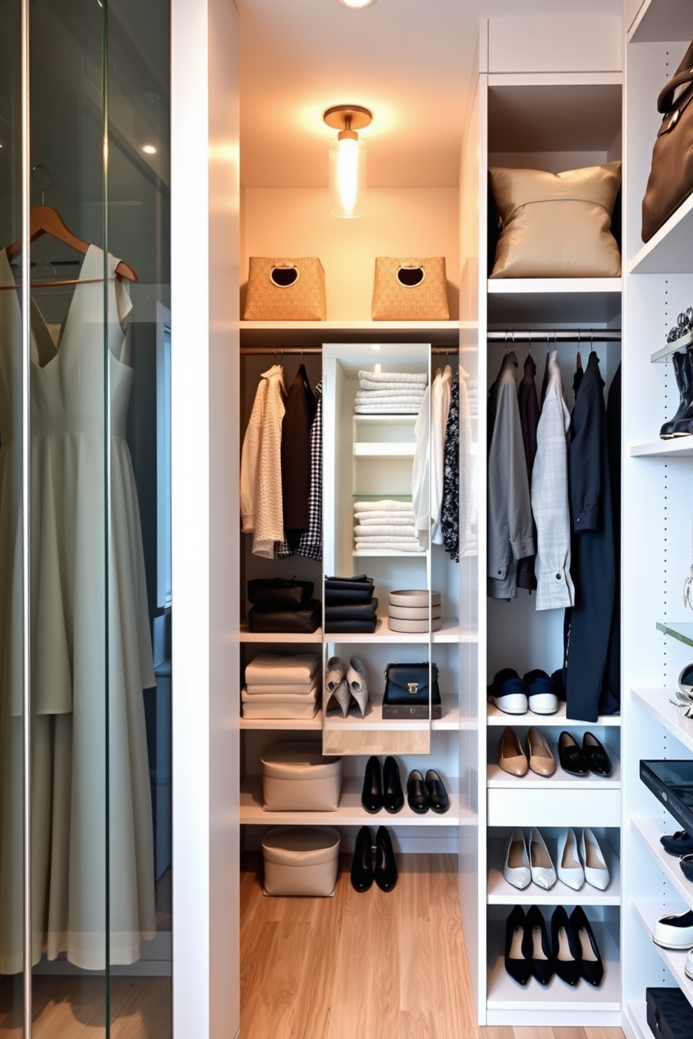 Create a spacious closet layout that features distinct zones for different clothing types. The left side is dedicated to formal wear with elegant hangers and a soft lighting fixture above. The center area showcases casual attire with shelves for folded items and a full-length mirror for outfit checks. The right side includes accessories with organized compartments for shoes, bags, and jewelry, all harmonized with a neutral color palette.