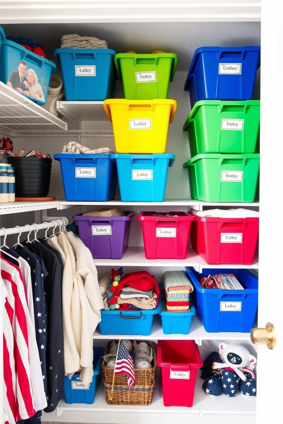 Colorful bins for organized storage are neatly arranged on sturdy shelves, creating a vibrant and functional space. Each bin is labeled for easy access, and the shelves are painted in a soft white to enhance the brightness of the room. Labor Day closet decorating ideas incorporate seasonal themes with patriotic colors and decorative elements. The closet features a mix of stylish storage solutions and seasonal accessories, creating an inviting and festive atmosphere.