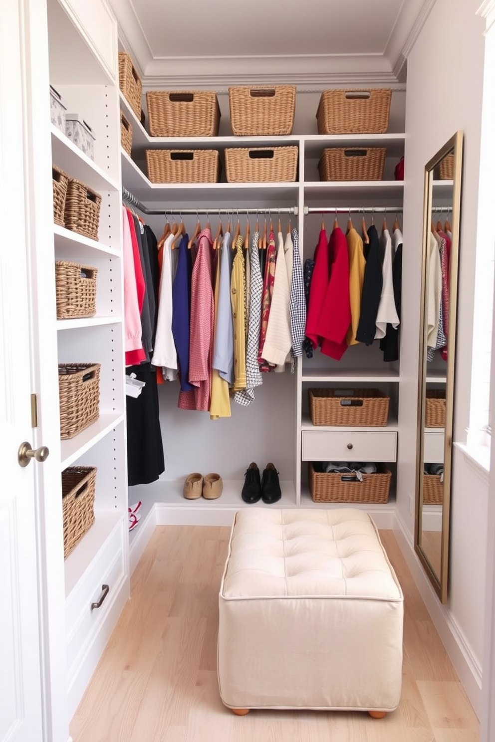 Create a stylish closet space featuring color-coded hangers for organization. The walls are painted in a soft white, and the floor is adorned with a light wood finish, enhancing the overall brightness of the room. Incorporate decorative baskets on the shelves for additional storage, and include a full-length mirror on one side to create a sense of openness. Add a small seating area with a plush ottoman to provide comfort while selecting outfits.