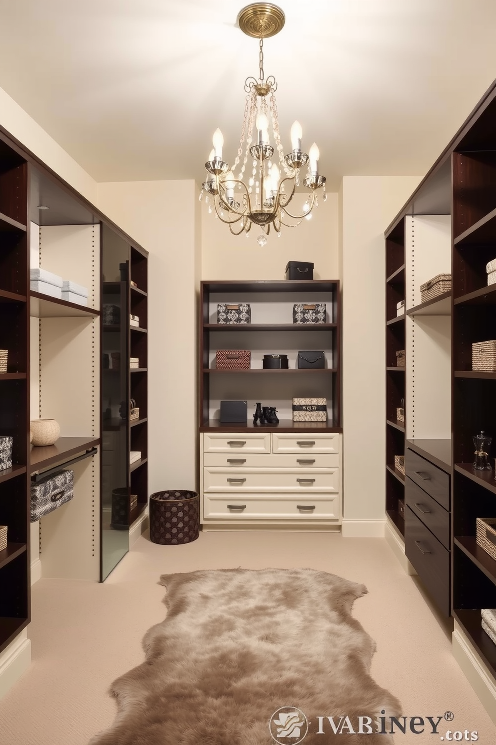 A stylish closet space designed for optimal organization and aesthetics. The walls are painted in a soft cream color, and elegant shelving units made of dark wood line the sides. In the center, a beautiful chandelier hangs from the ceiling, adding a touch of luxury. Decorative boxes and baskets are neatly arranged on the shelves, while a plush rug in a muted tone lies on the floor.