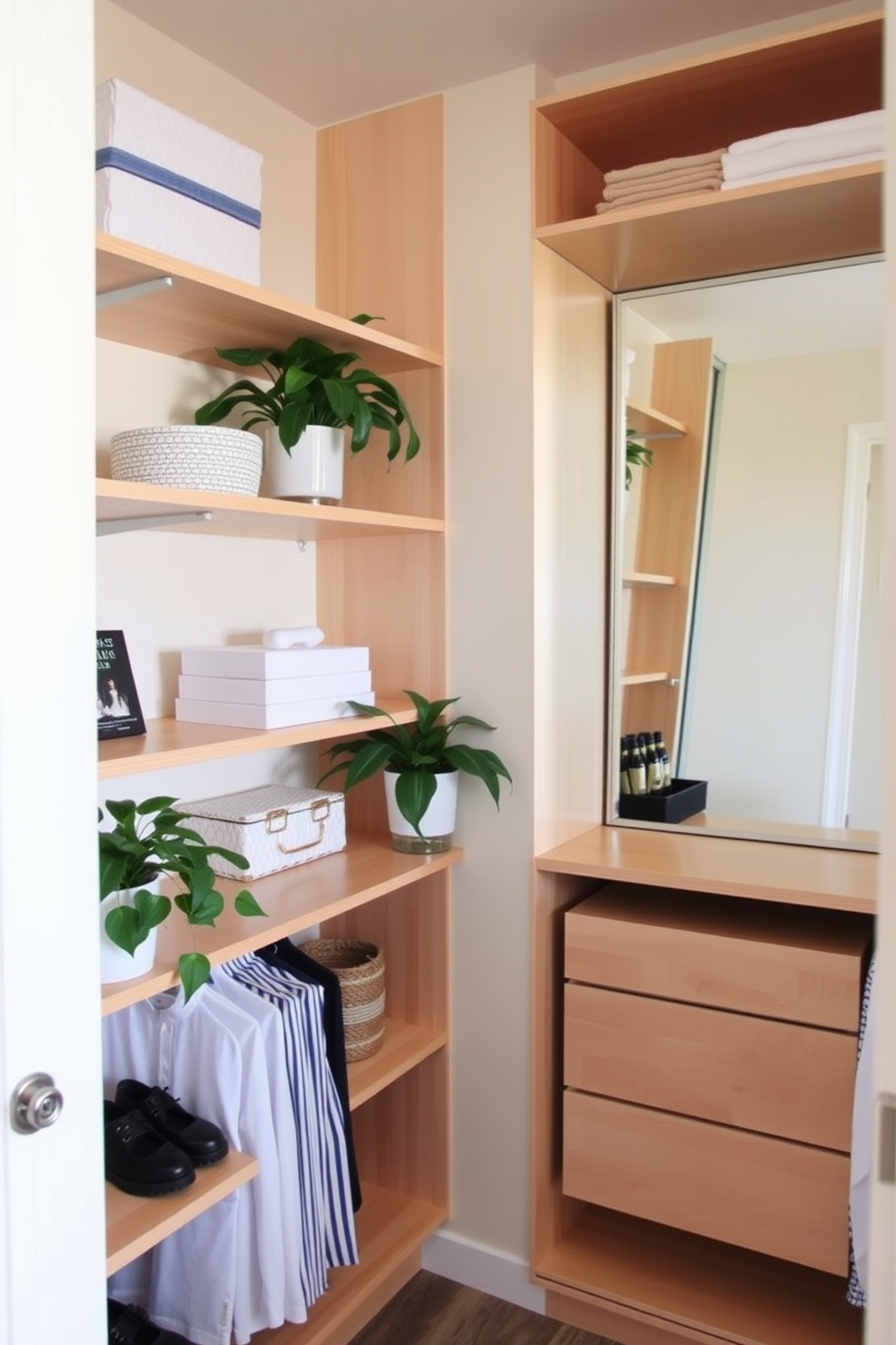 A stylish closet space designed for Labor Day celebrations. The walls are painted in a soft cream color, and the shelving is made of light wood, creating a warm and inviting atmosphere. Incorporate lush green plants on the shelves to add a fresh vibe. A large mirror is placed on one side, reflecting the organized space and enhancing the overall brightness.